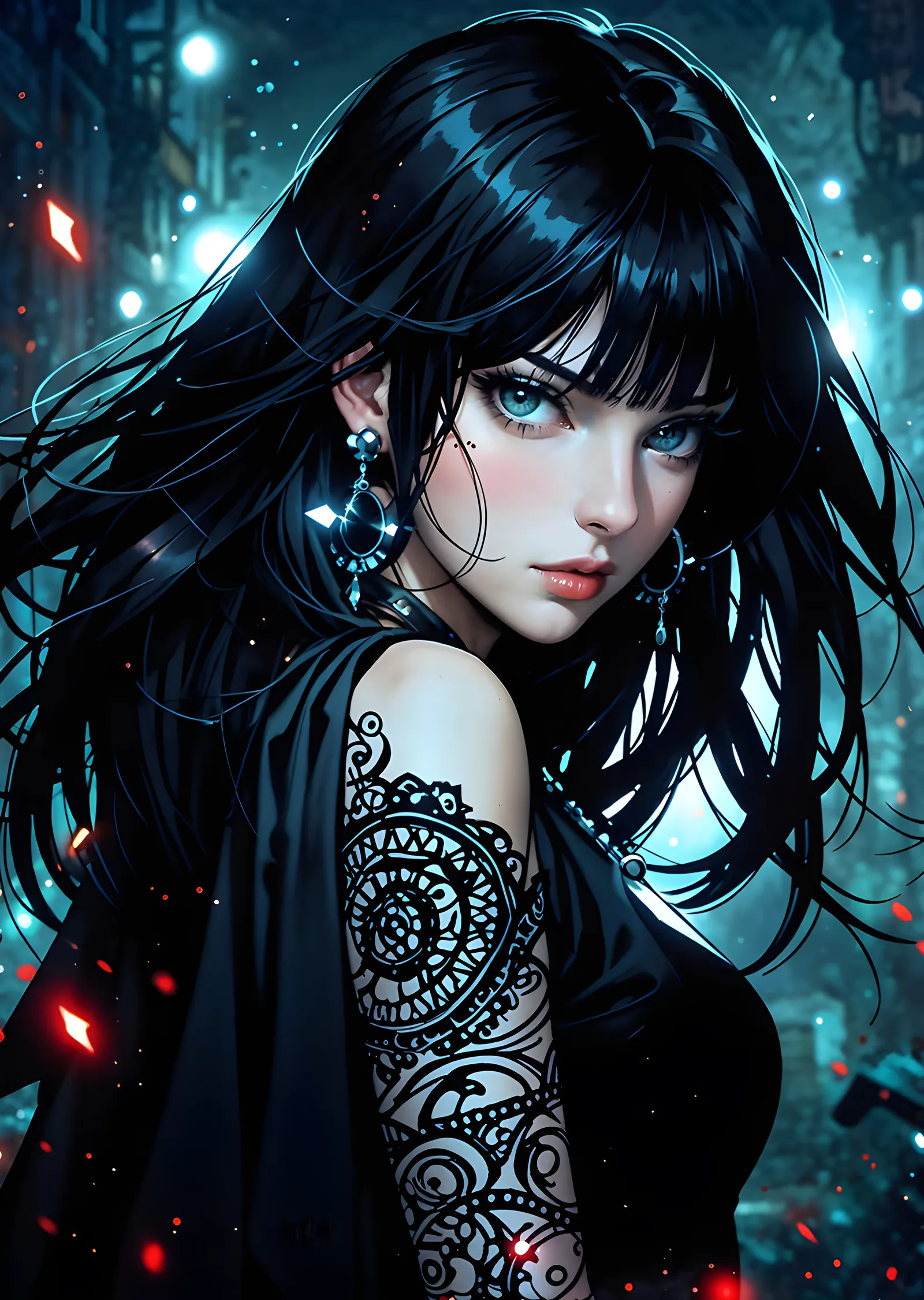 Gece Işıklarında Dövmeli Anime Portre metal tablo