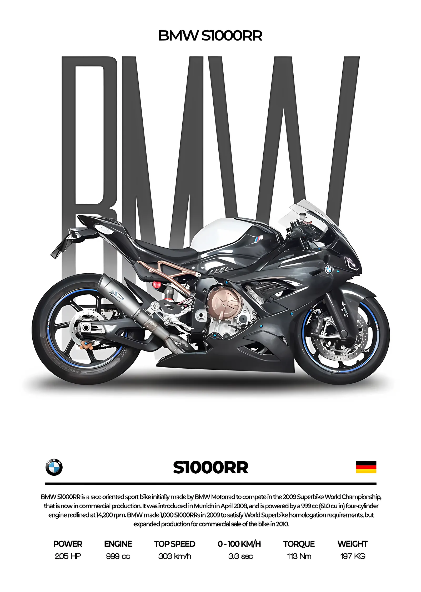 BMW S1000RR - Beyaz Zeminde Yan Profil metal tablo