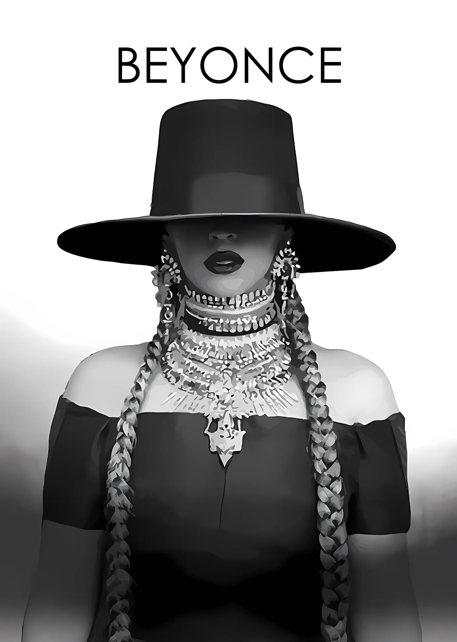 Beyoncé - Beyaz Zeminde Şapkalı Portre metal tablo