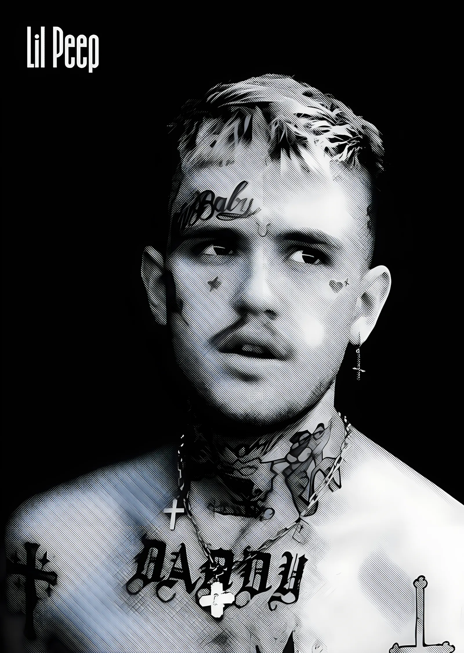 Lil Peep - Siyah Beyaz Dövmeli Portre metal tablo
