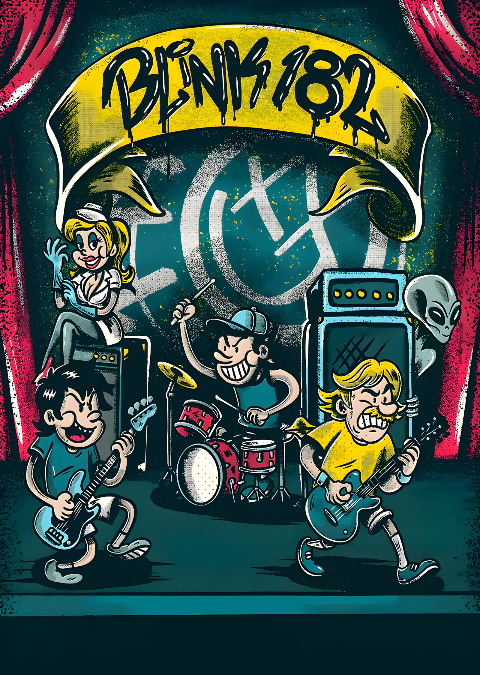Blink-182 - Karikatür Sahne Konseri metal tablo
