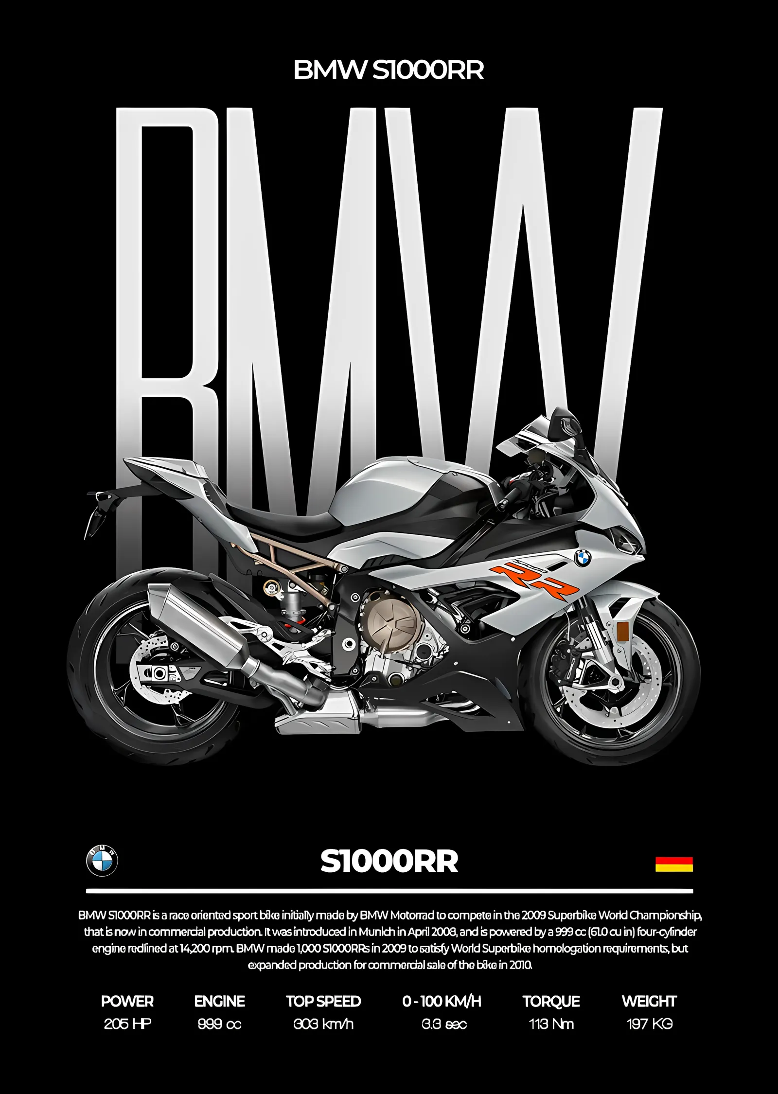 BMW S1000RR - Gümüş Gövde Afişi metal tablo