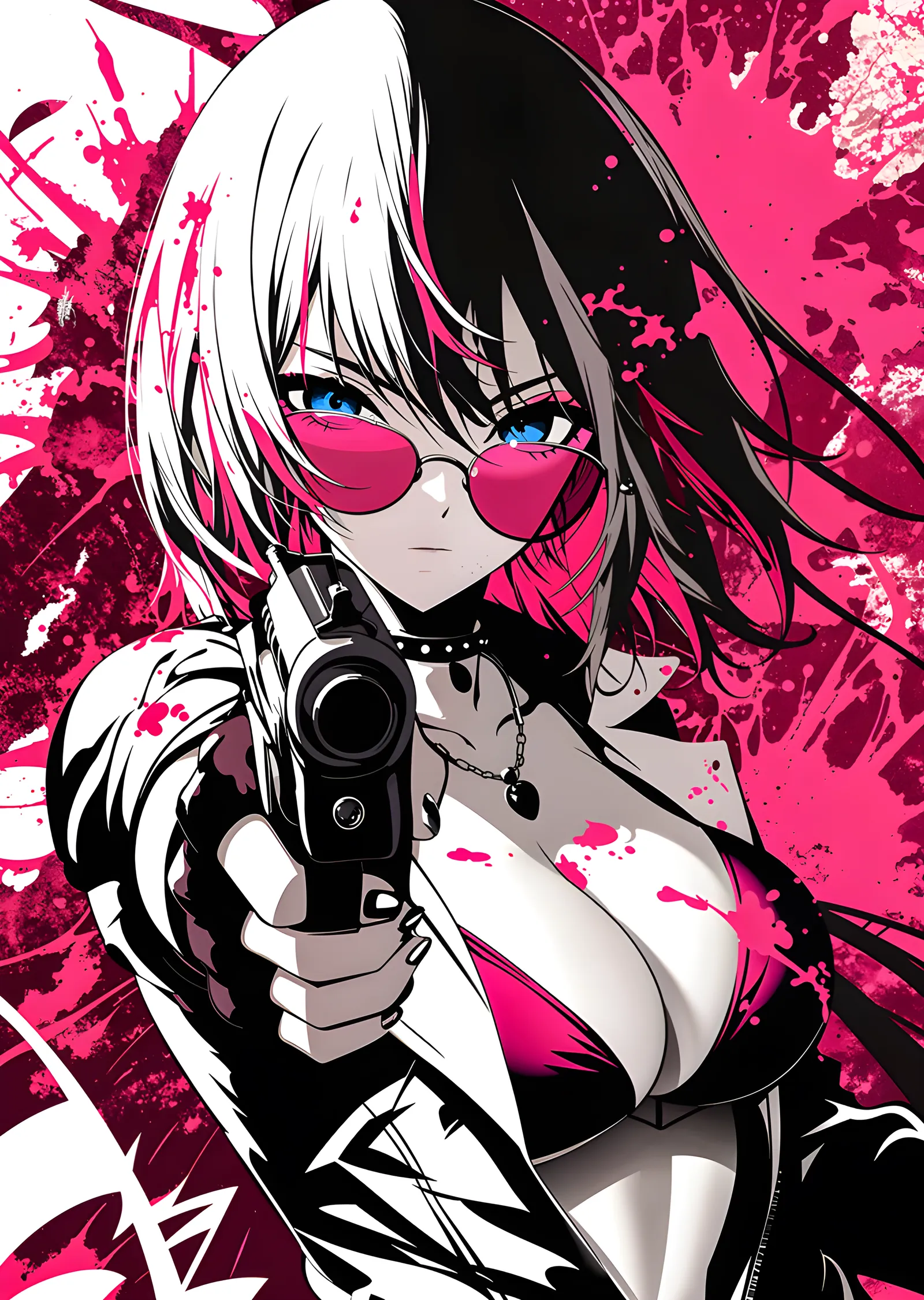 Pembe Gözlüklü Silahlı Anime Kız metal tablo