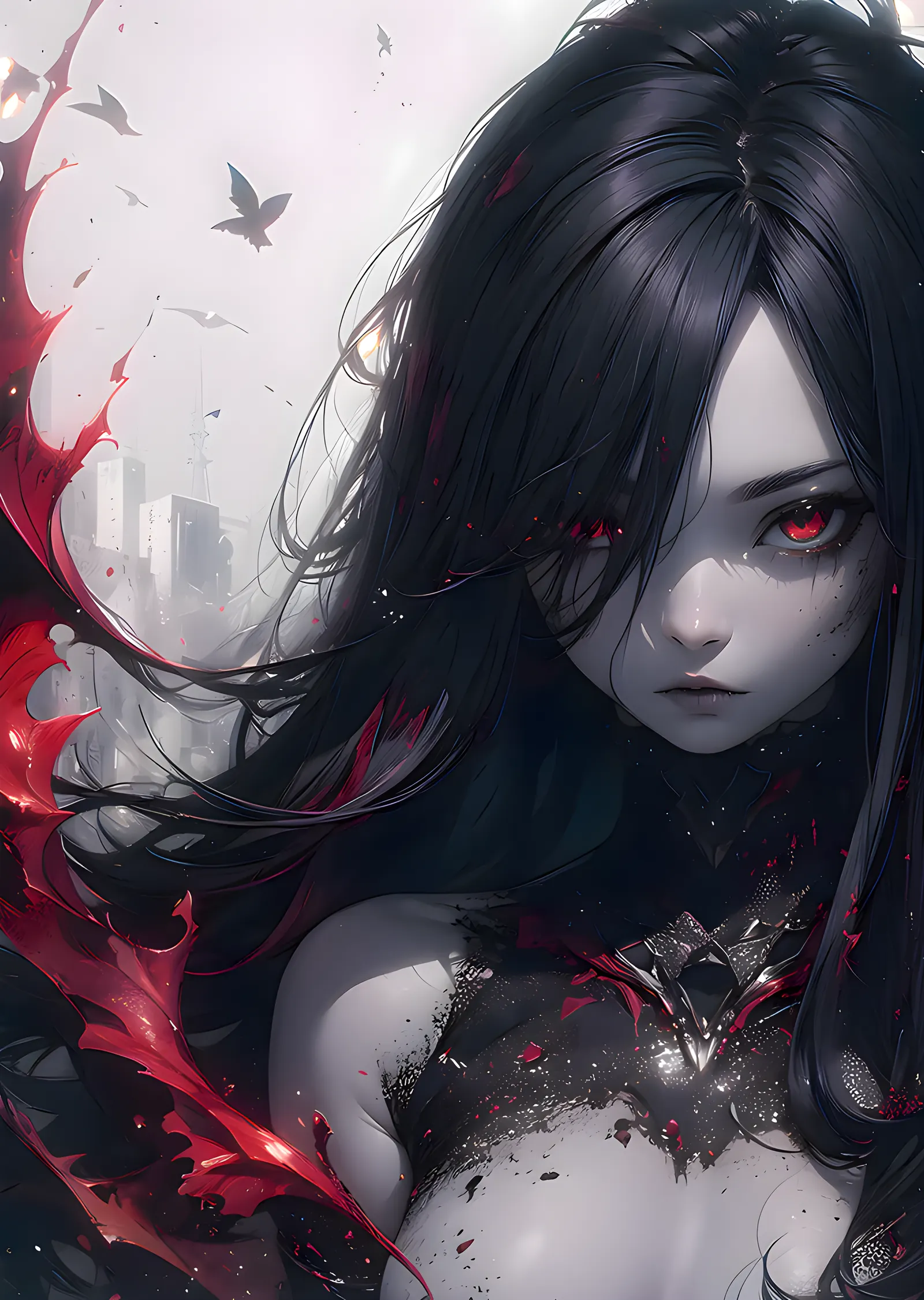 Kırmızı Gözlü Gotik Anime Portre metal tablo