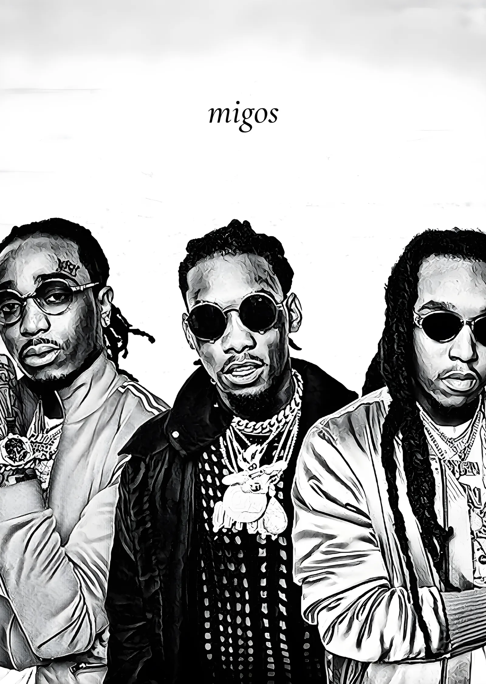 Migos - Beyaz Zeminde Siyah Beyaz Üçlü metal tablo