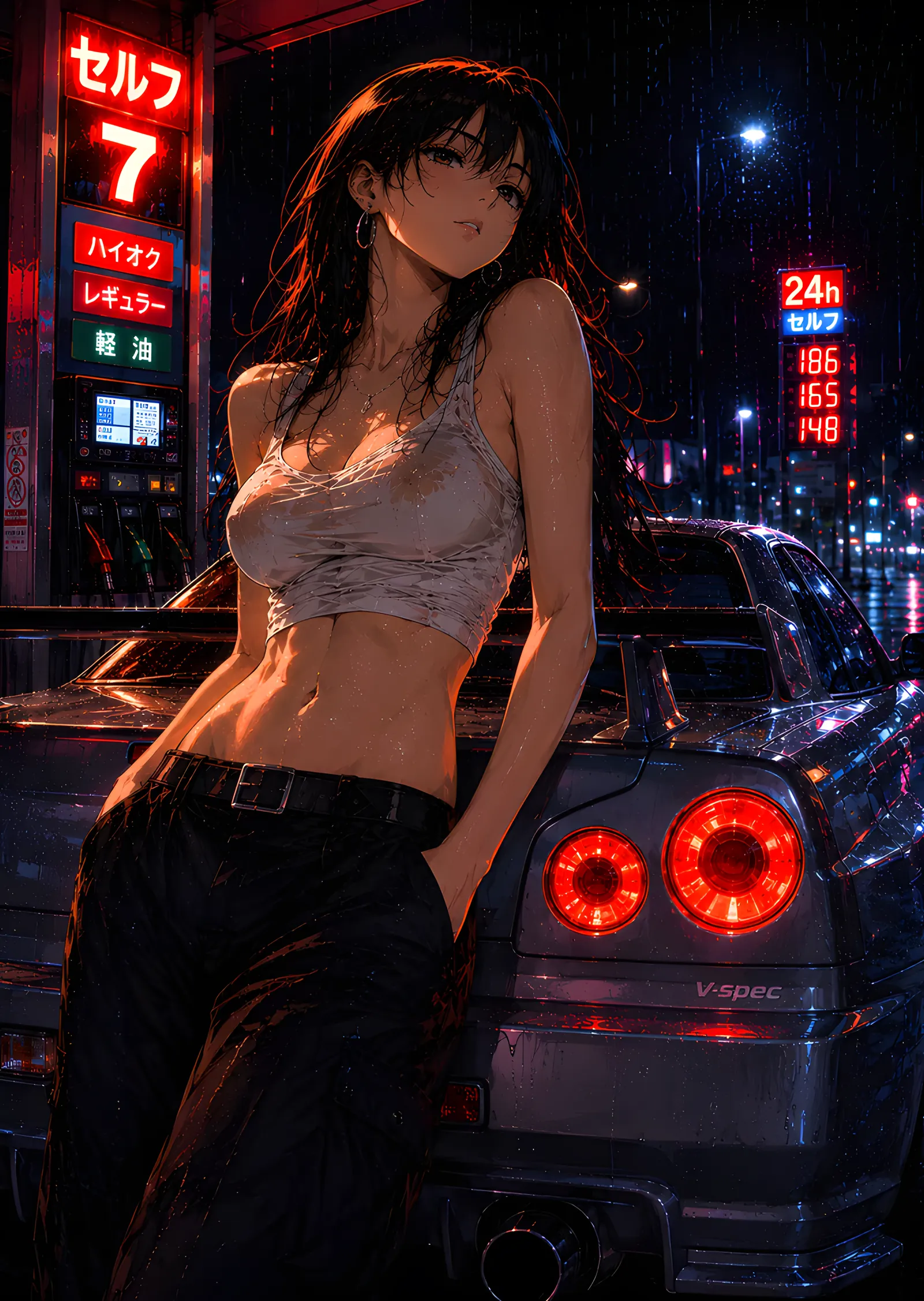 Anime Kız ve Nissan GT-R - Gece Sokağı metal tablo