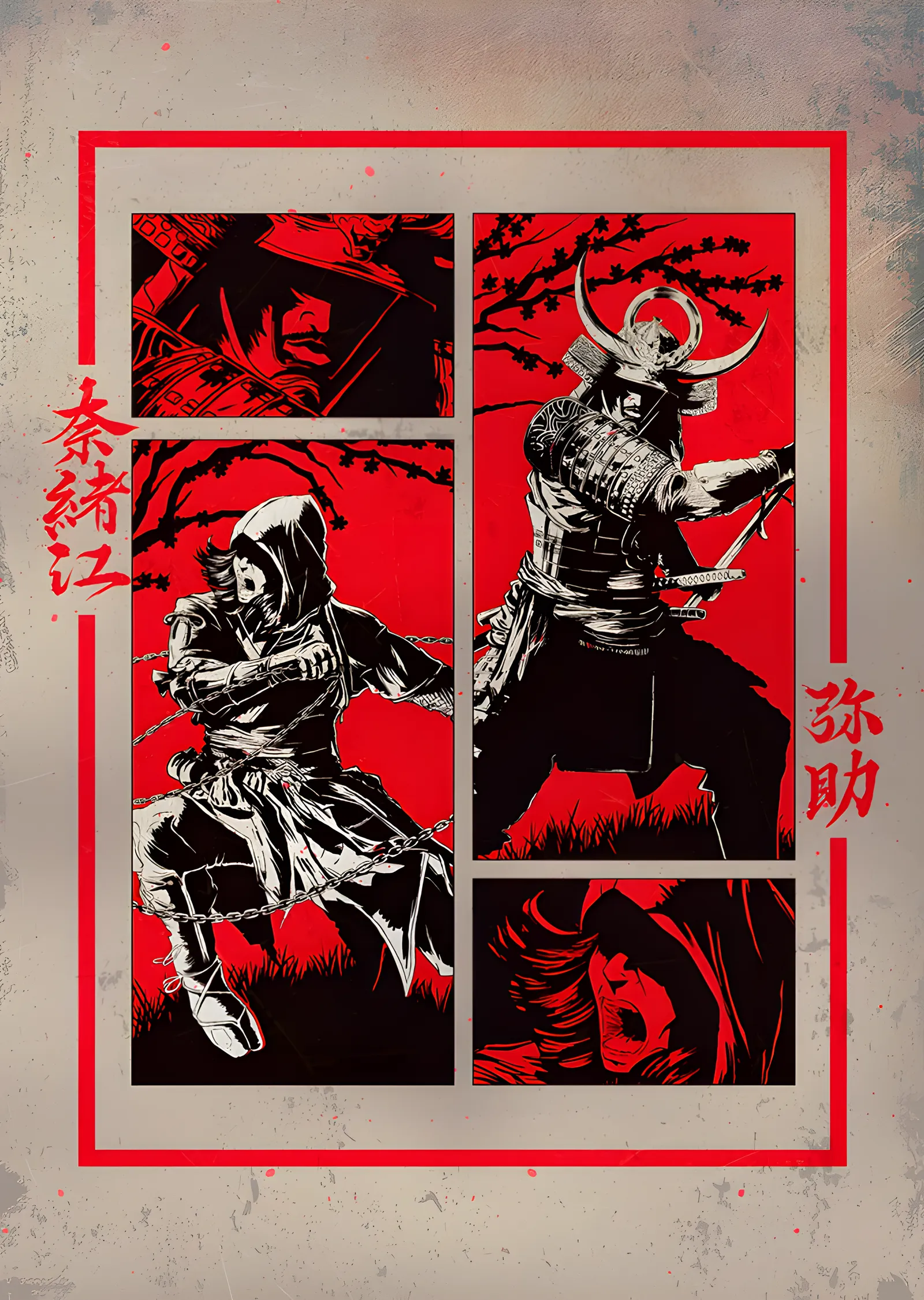 Assassin's Creed Shadows - Kırmızı Panel Kolajı metal tablo