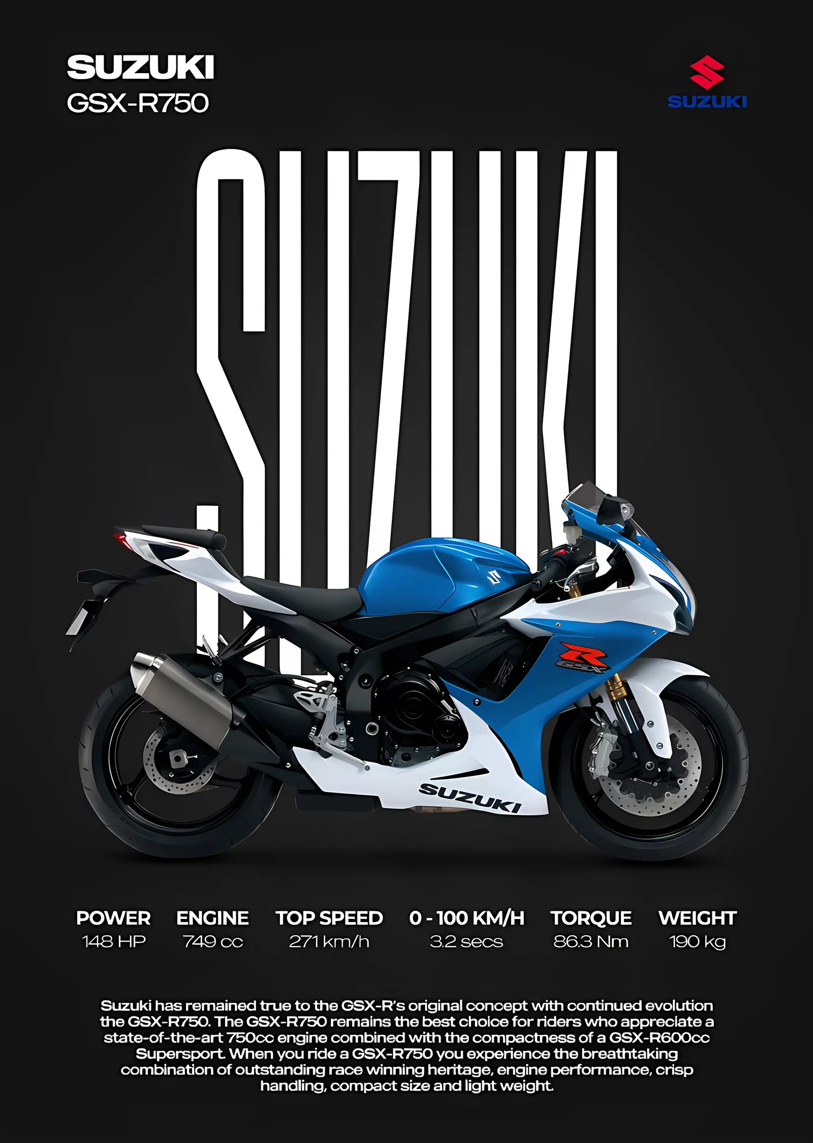 Suzuki GSX-R750 - Mavi metal tablo