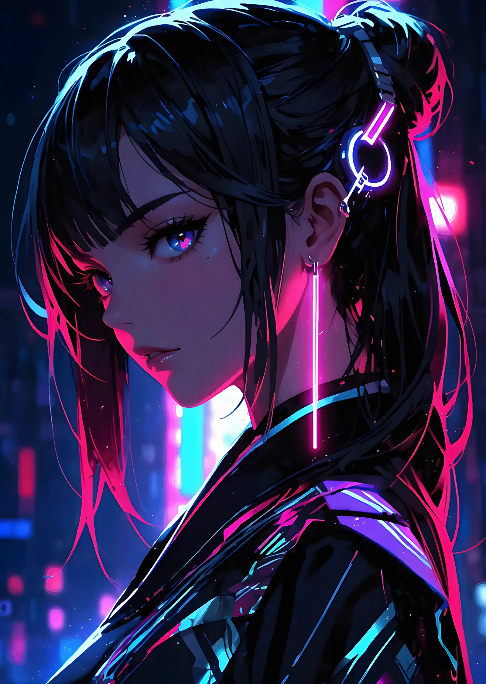 Neon Sokakta Kılıçlı Anime Portre metal tablo