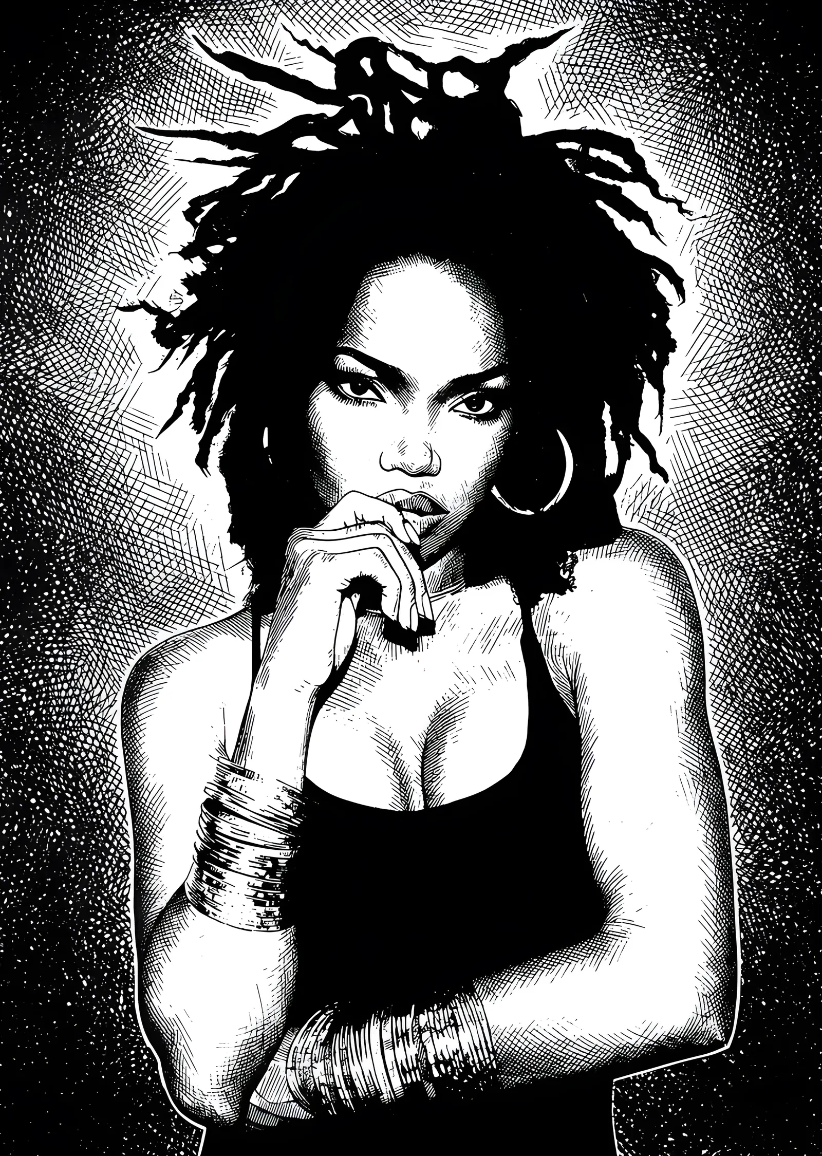 Lauryn Hill - Nokta Dokulu Siyah Beyaz Portre metal tablo