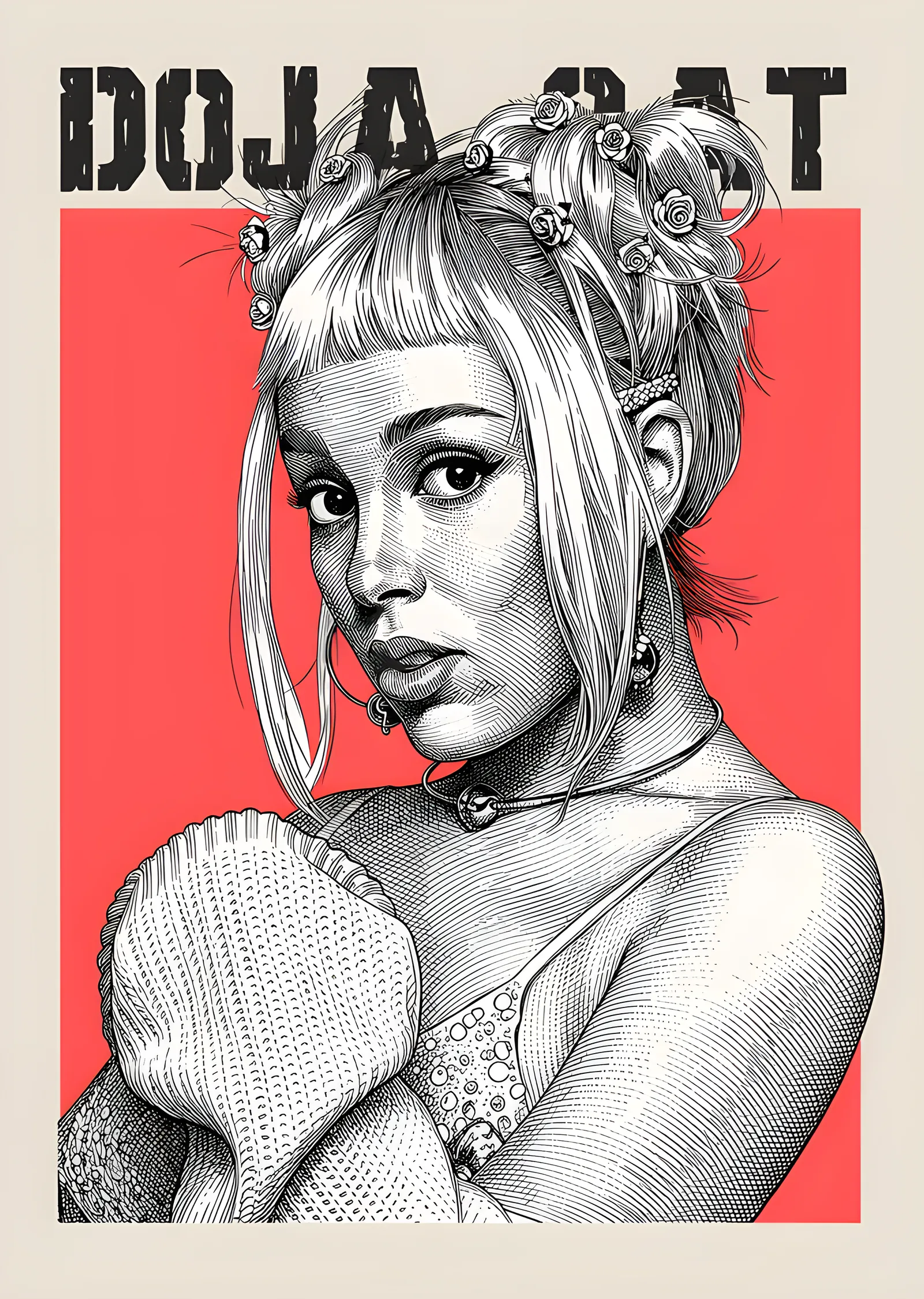 Doja Cat - Kırmızı Zeminde Kalem Çizimi metal tablo