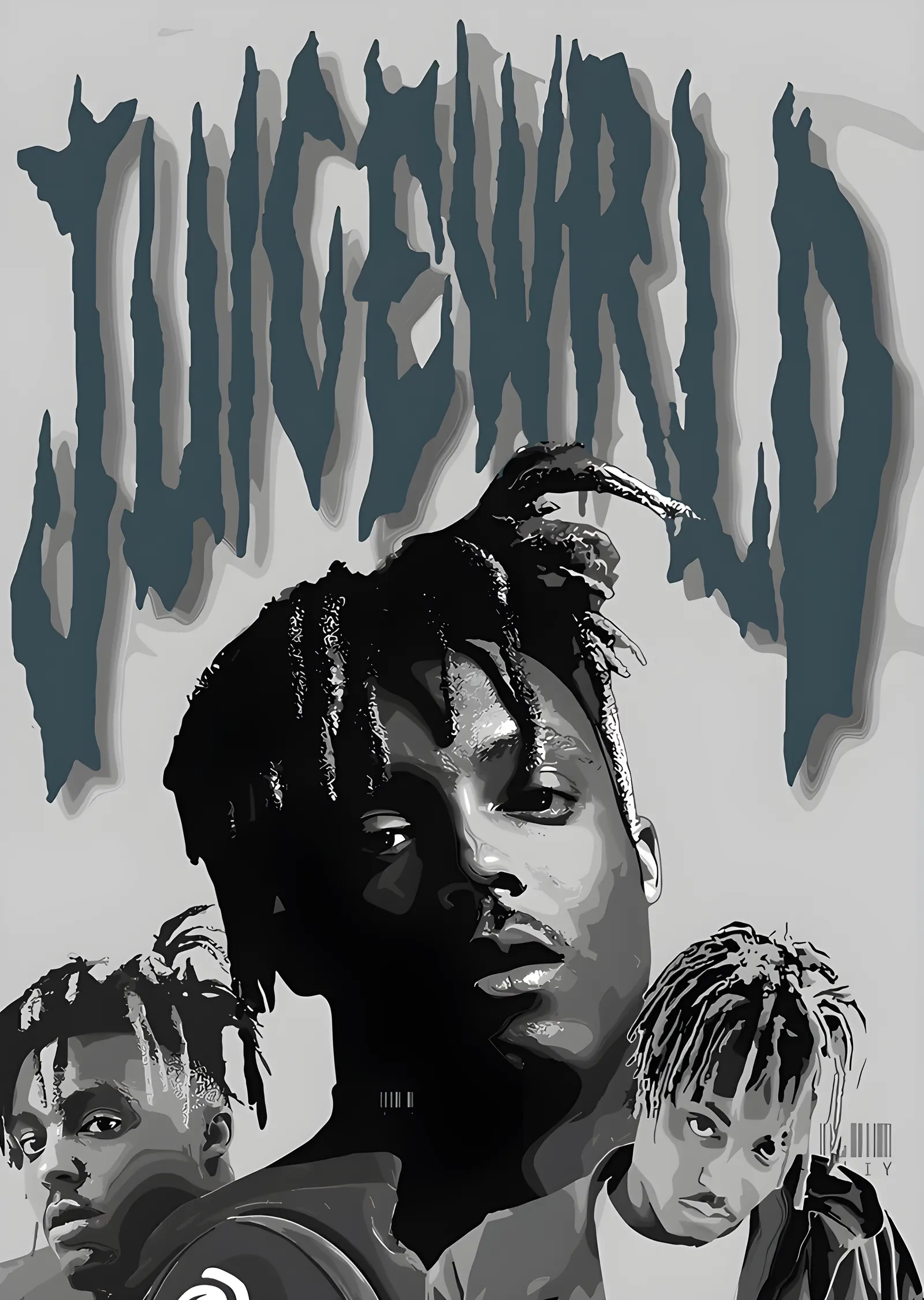 Juice WRLD - Gri Kolaj ve Gotik Başlık metal tablo