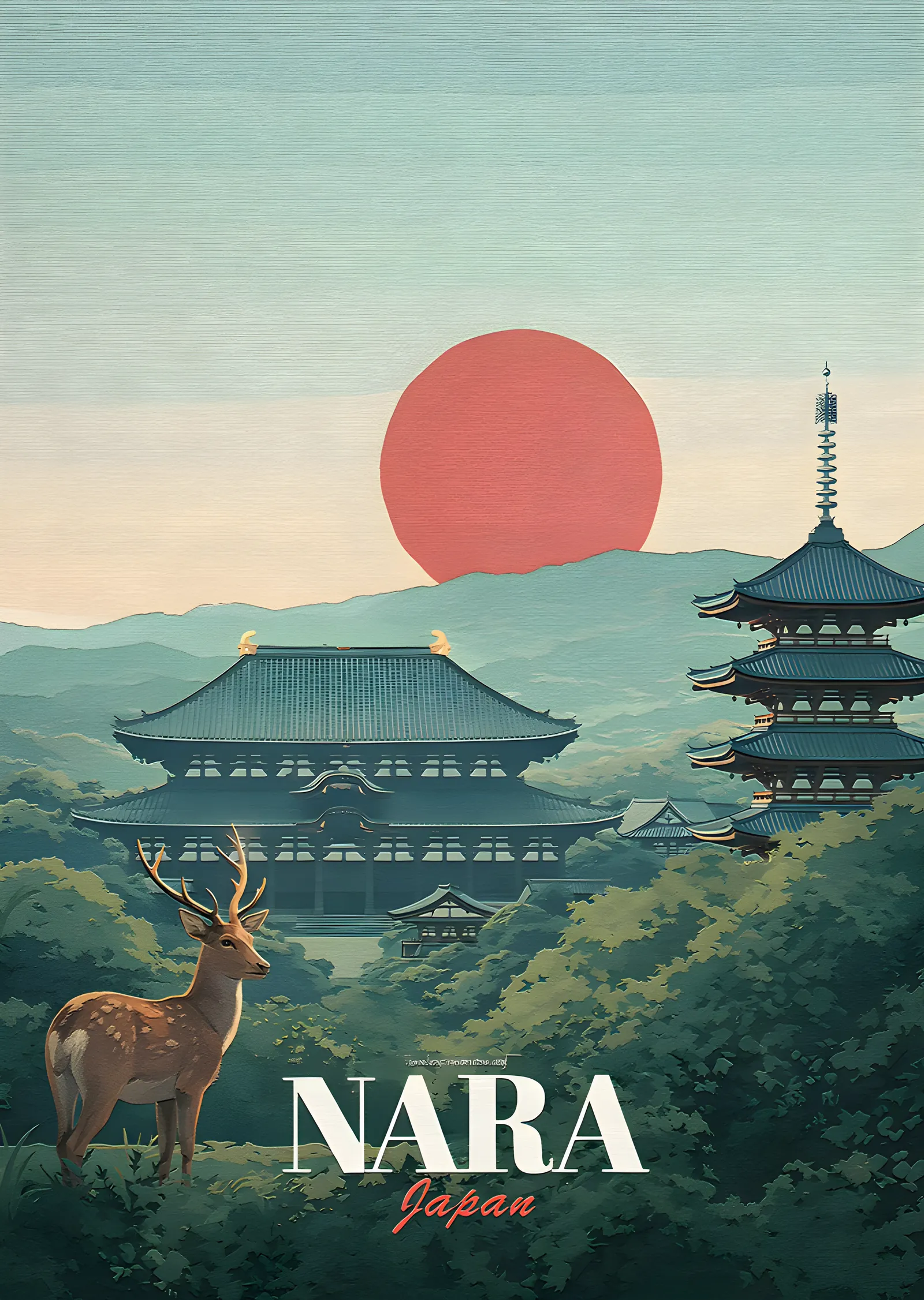 Nara - Tapınak ve Geyik metal tablo