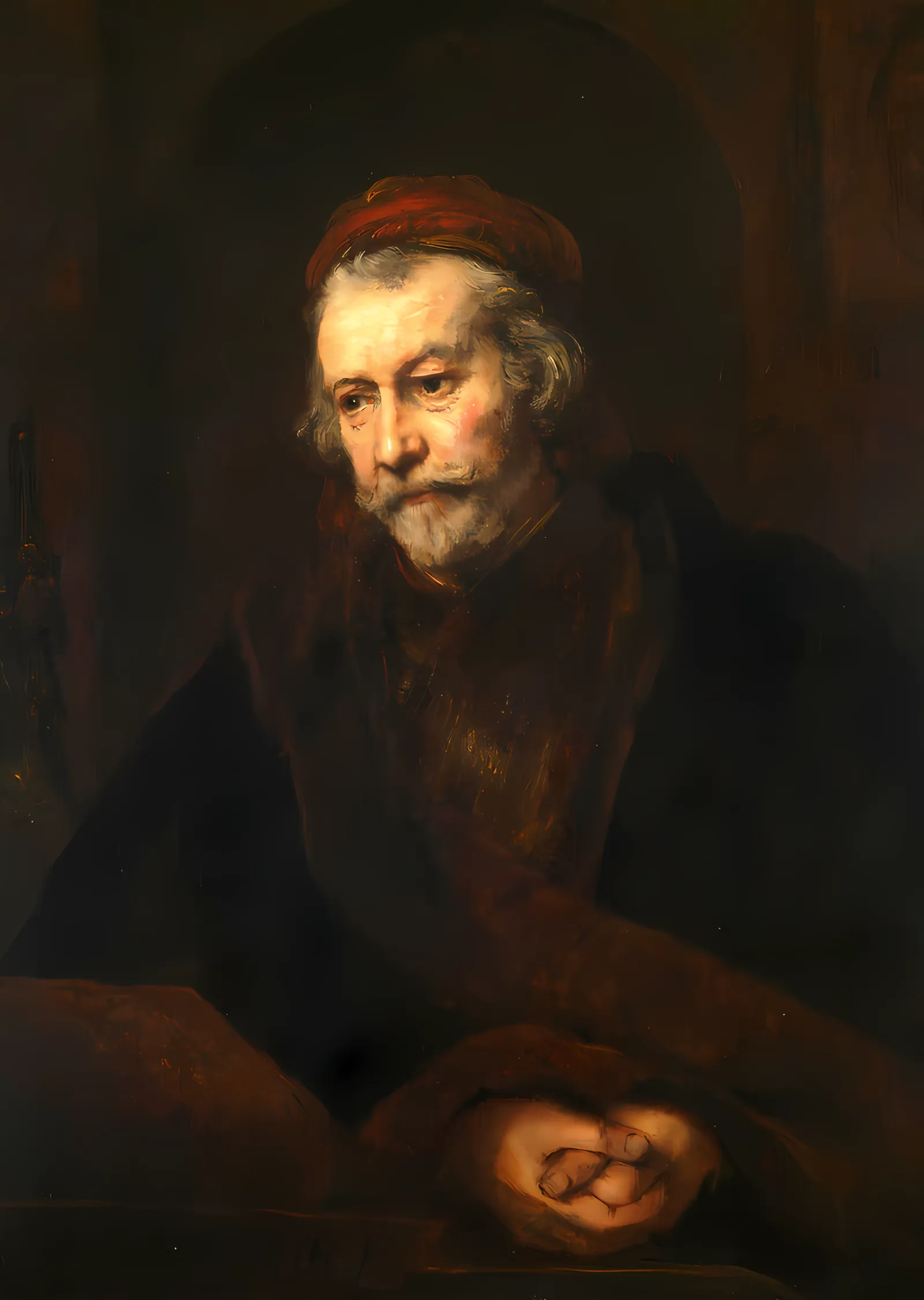 Kırmızı Takkeli Yaşlı Adam Portresi - Rembrandt metal tablo
