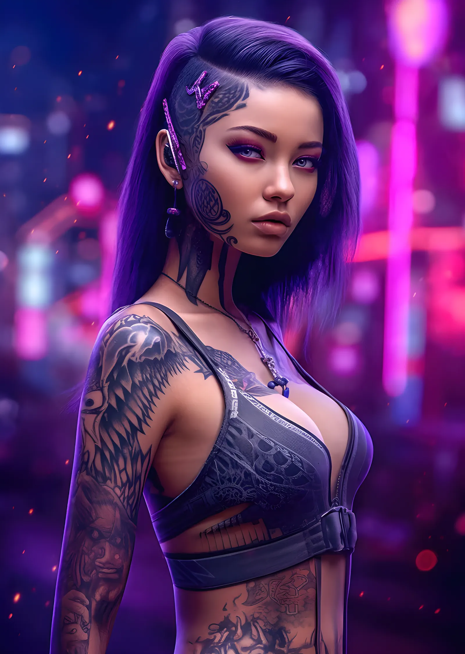 Mor Saçlı Dövmeli Anime Kız - Neon Şehir metal tablo