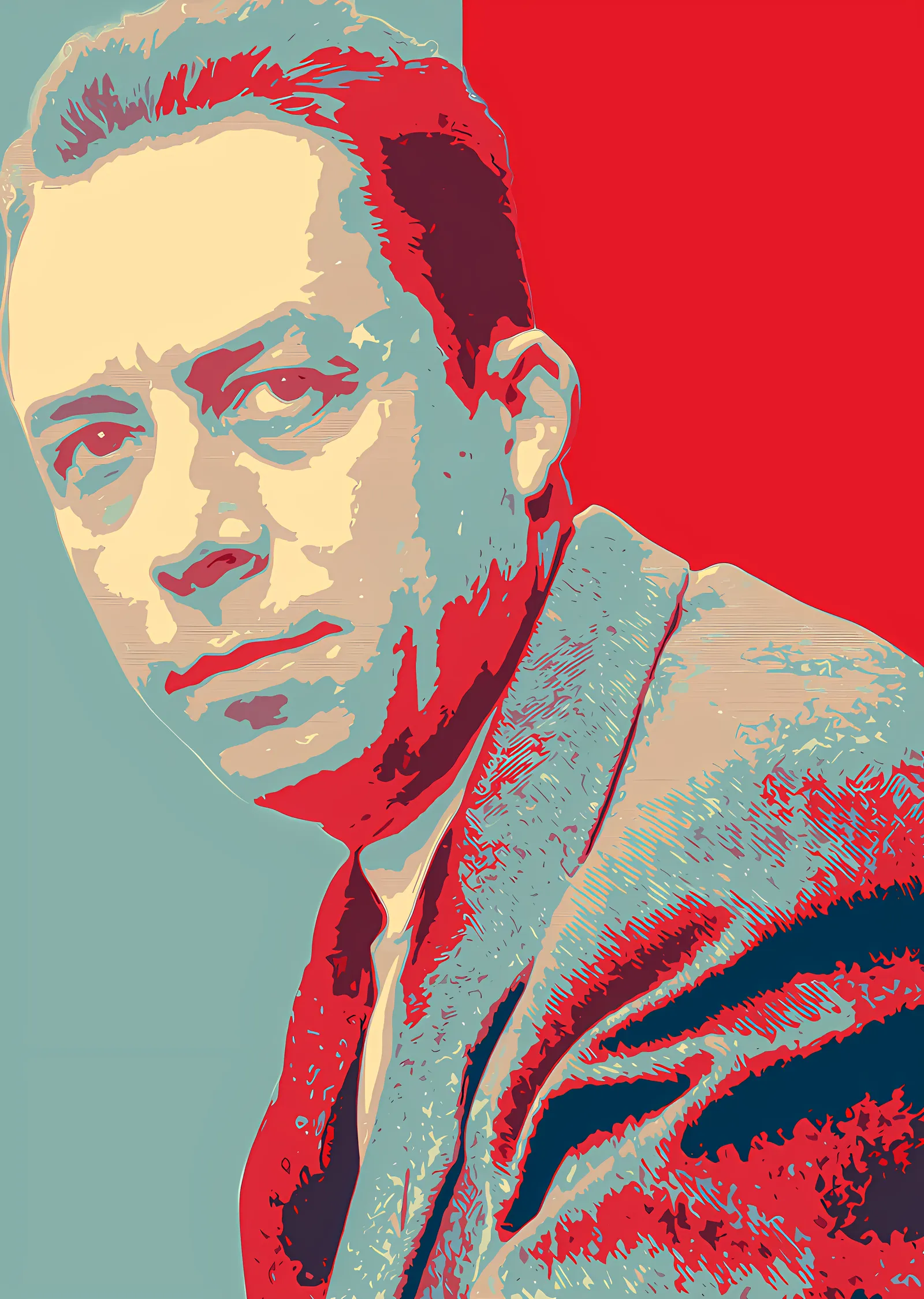 Albert Camus Kırmızı Turkuaz Serigrafi Portre metal tablo