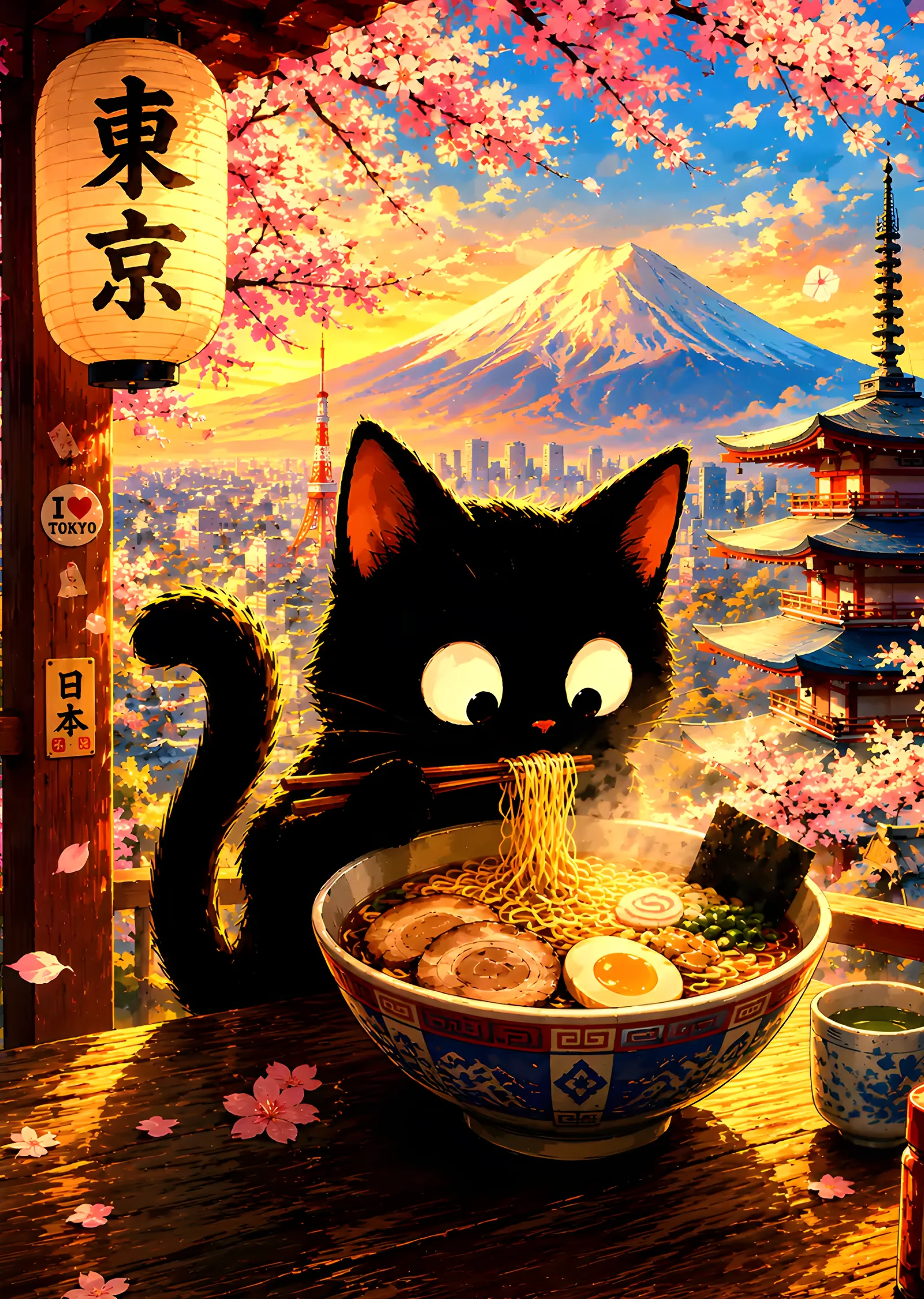 Tokyo Manzarasında Ramen Yiyen Kedi metal tablo