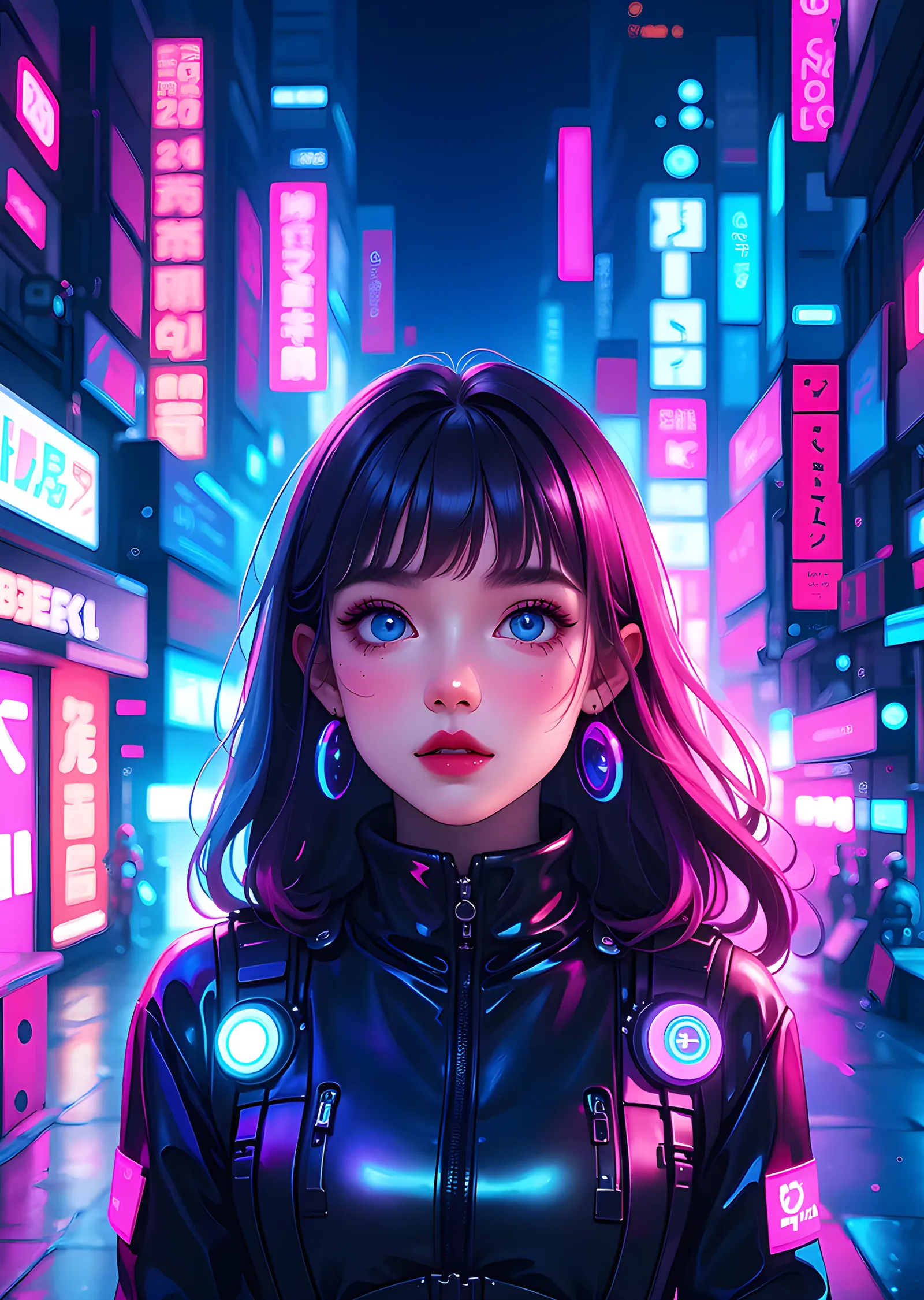 Neon Sokakta Mavi Gözlü Anime Portre metal tablo