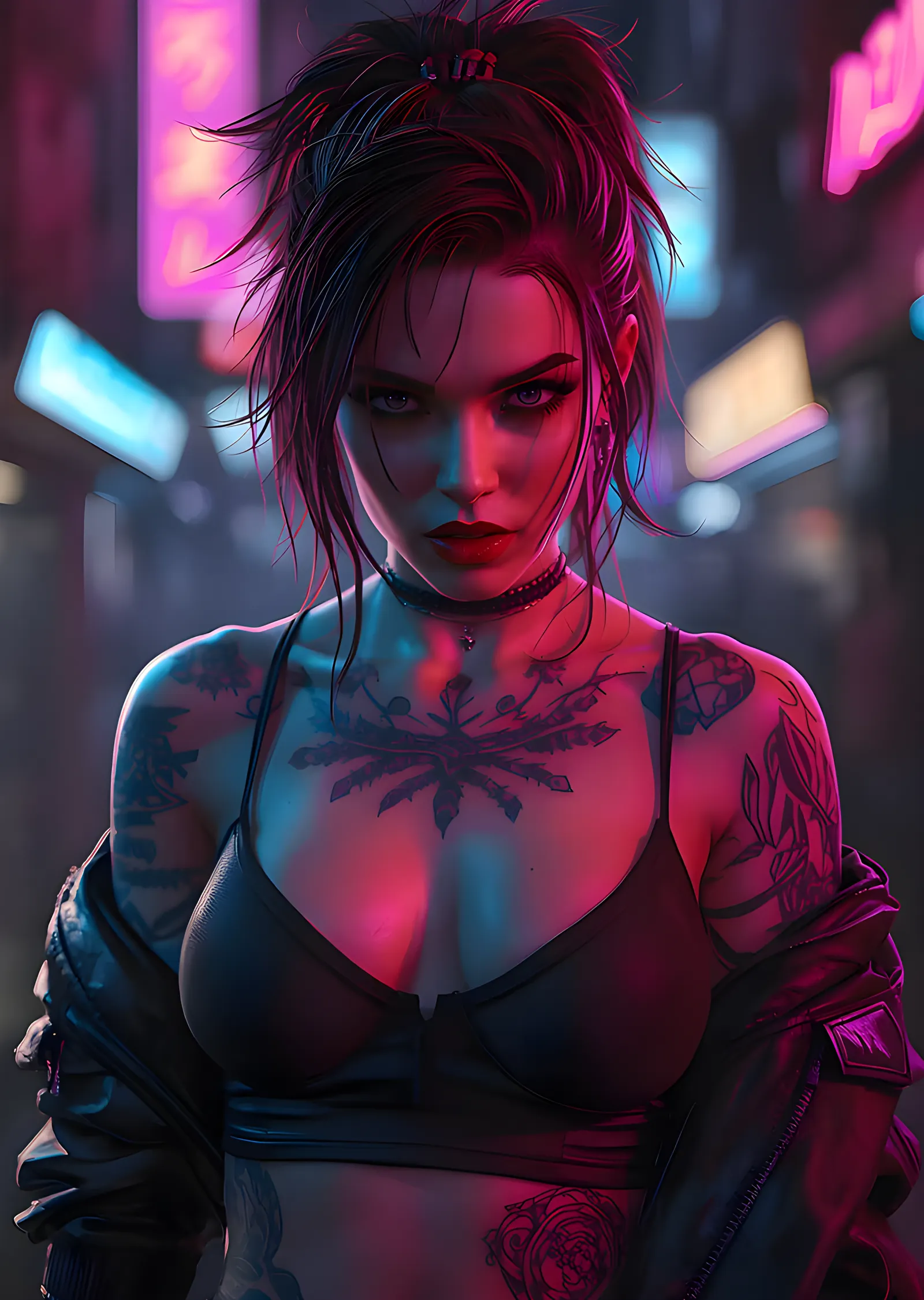 Kızıl Saçlı Dövmeli Kadın - Neon Sokak metal tablo