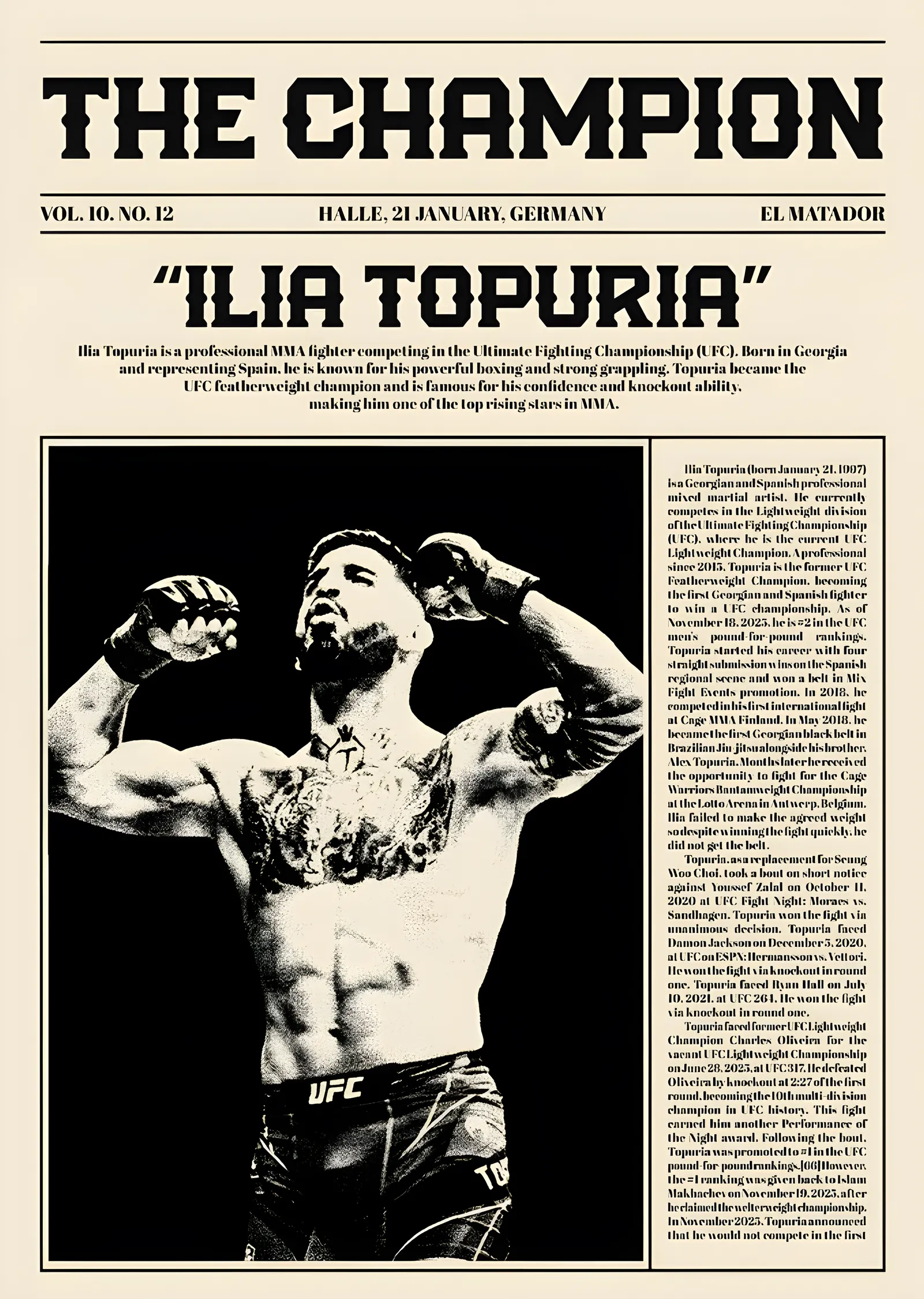 Ilia Topuria - The Champion Gazetesi metal tablo