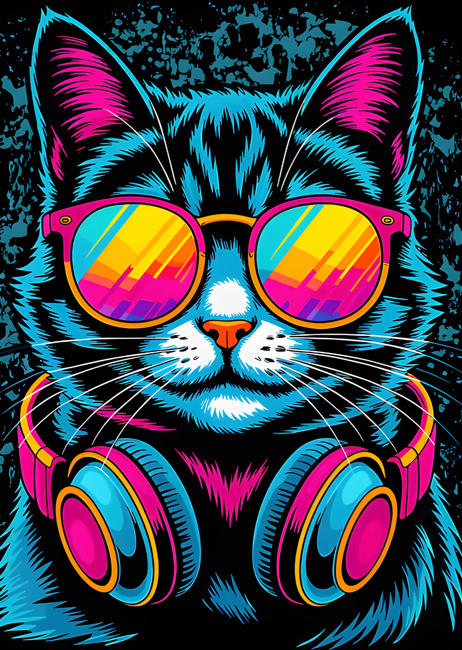 Kulaklıklı Neon Kedi metal tablo