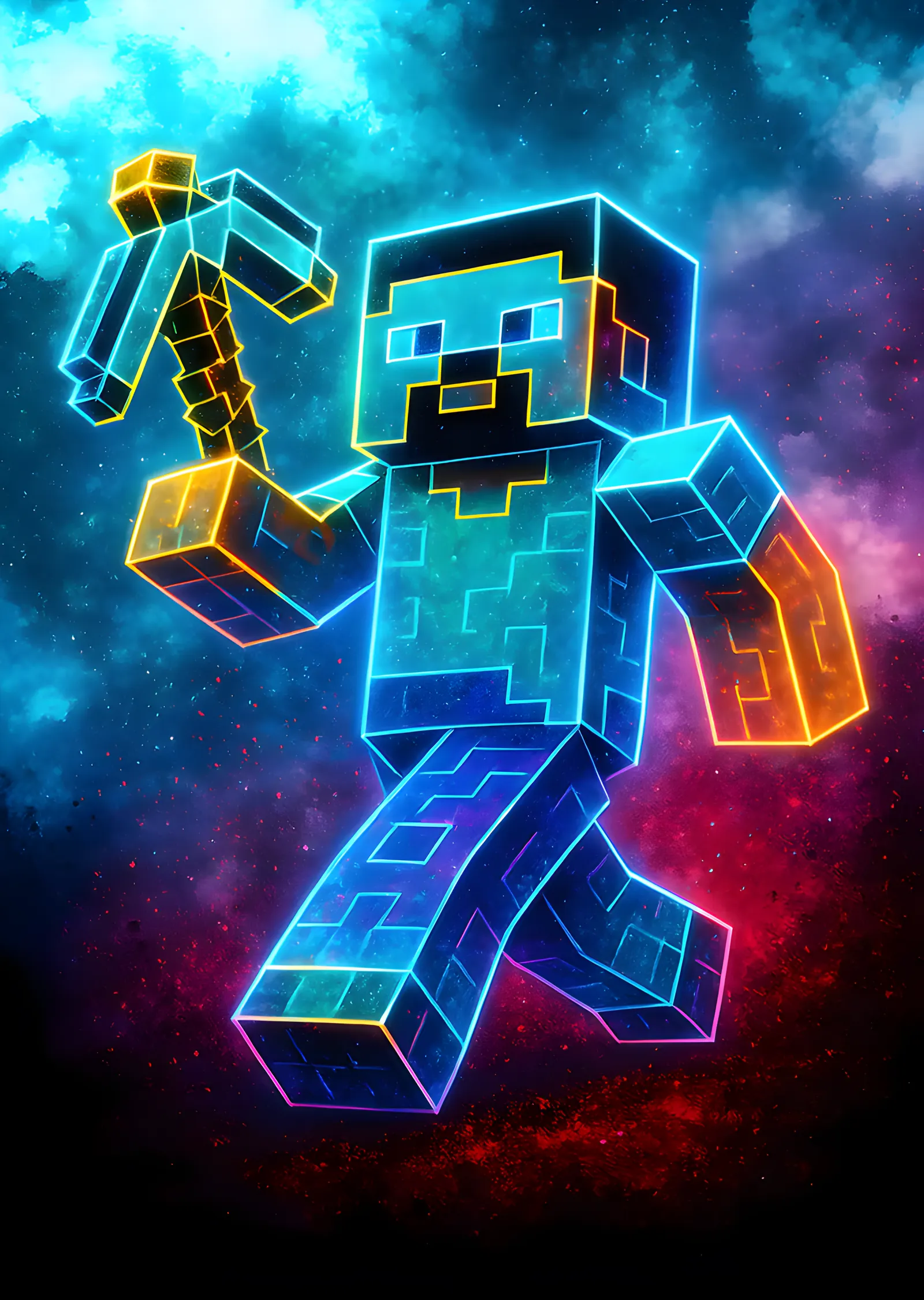 Minecraft - Neon Kahraman ve Kazma metal tablo