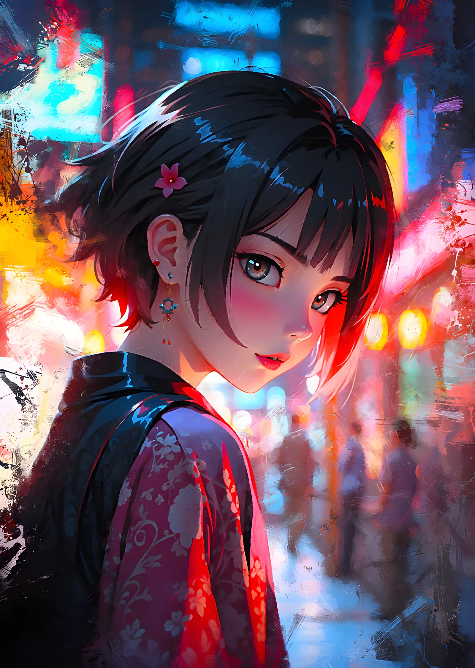 Neon Sokakta Kimonolu Anime Portre: Mavi Neon metal tablo