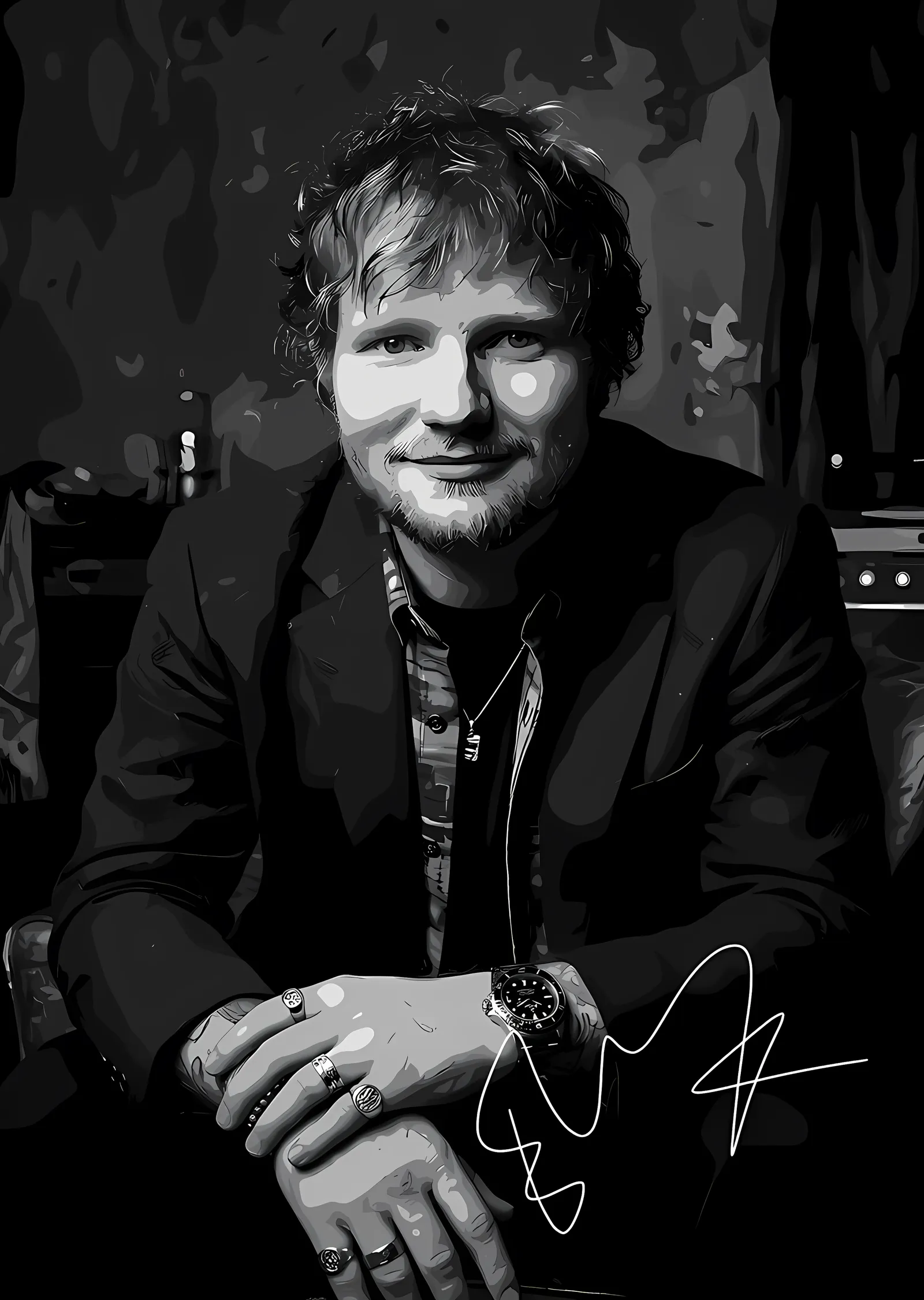 Ed Sheeran - Siyah Beyaz Oturan Portre metal tablo