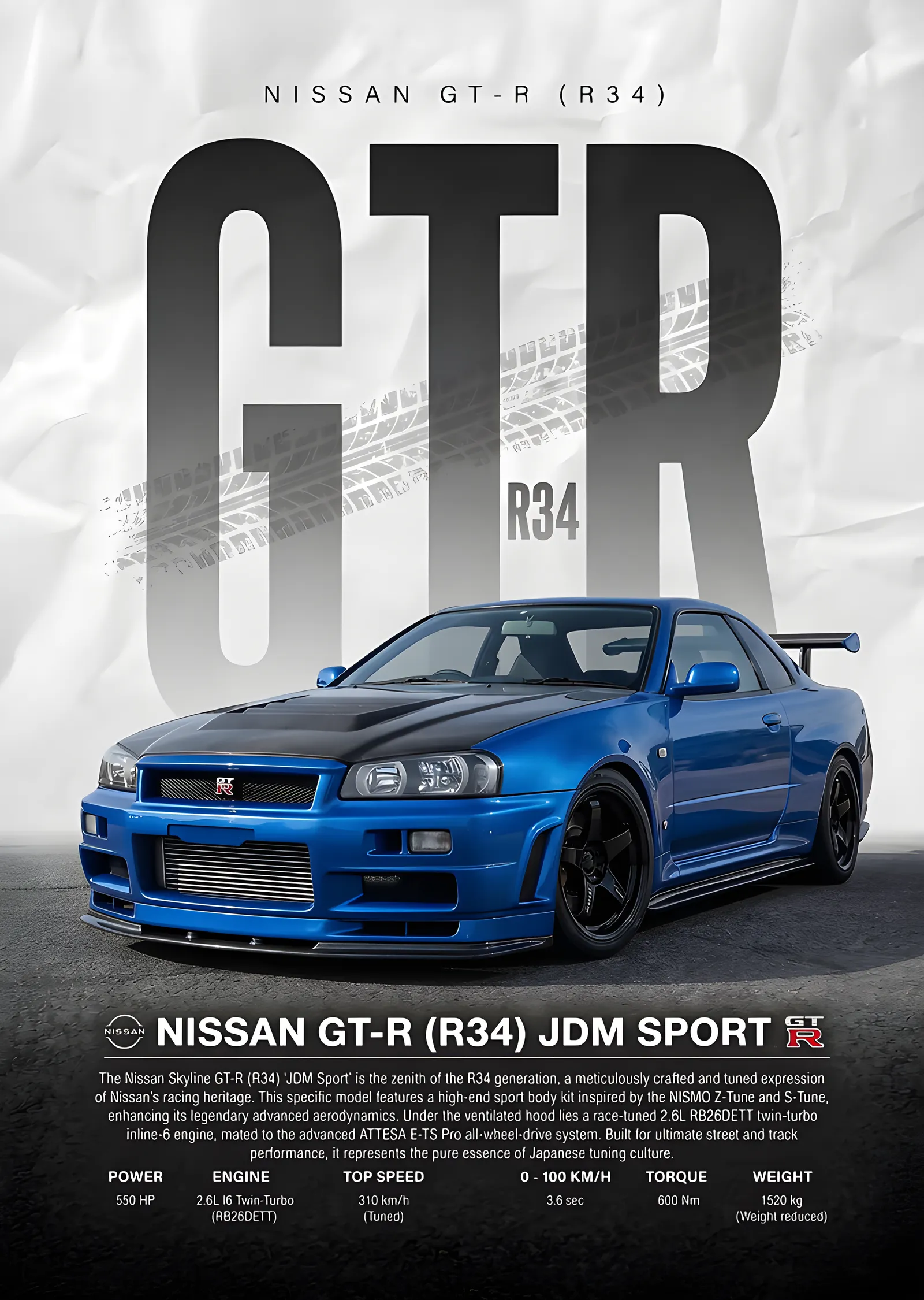Nissan GT-R R34 - Mavi Teknik Afiş metal tablo