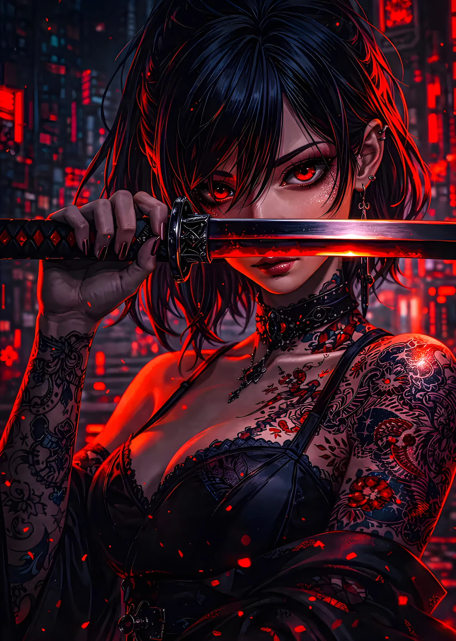 Kırmızı Neonda Katanalı Anime Portre metal tablo