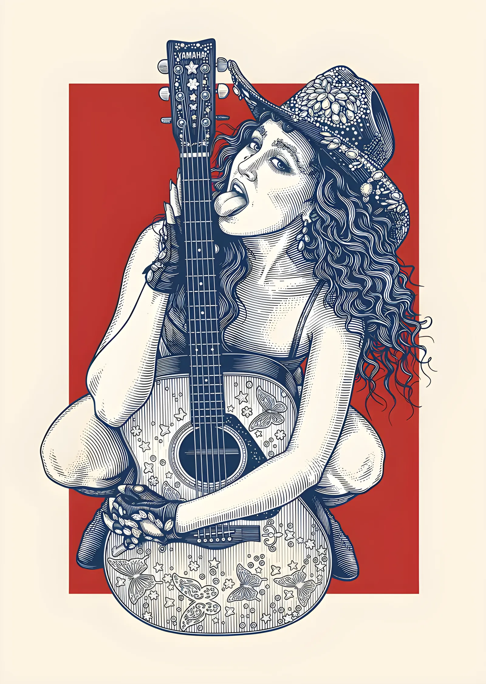 Gitarlı Kovboy Şapkalı Kadın - Gravür metal tablo