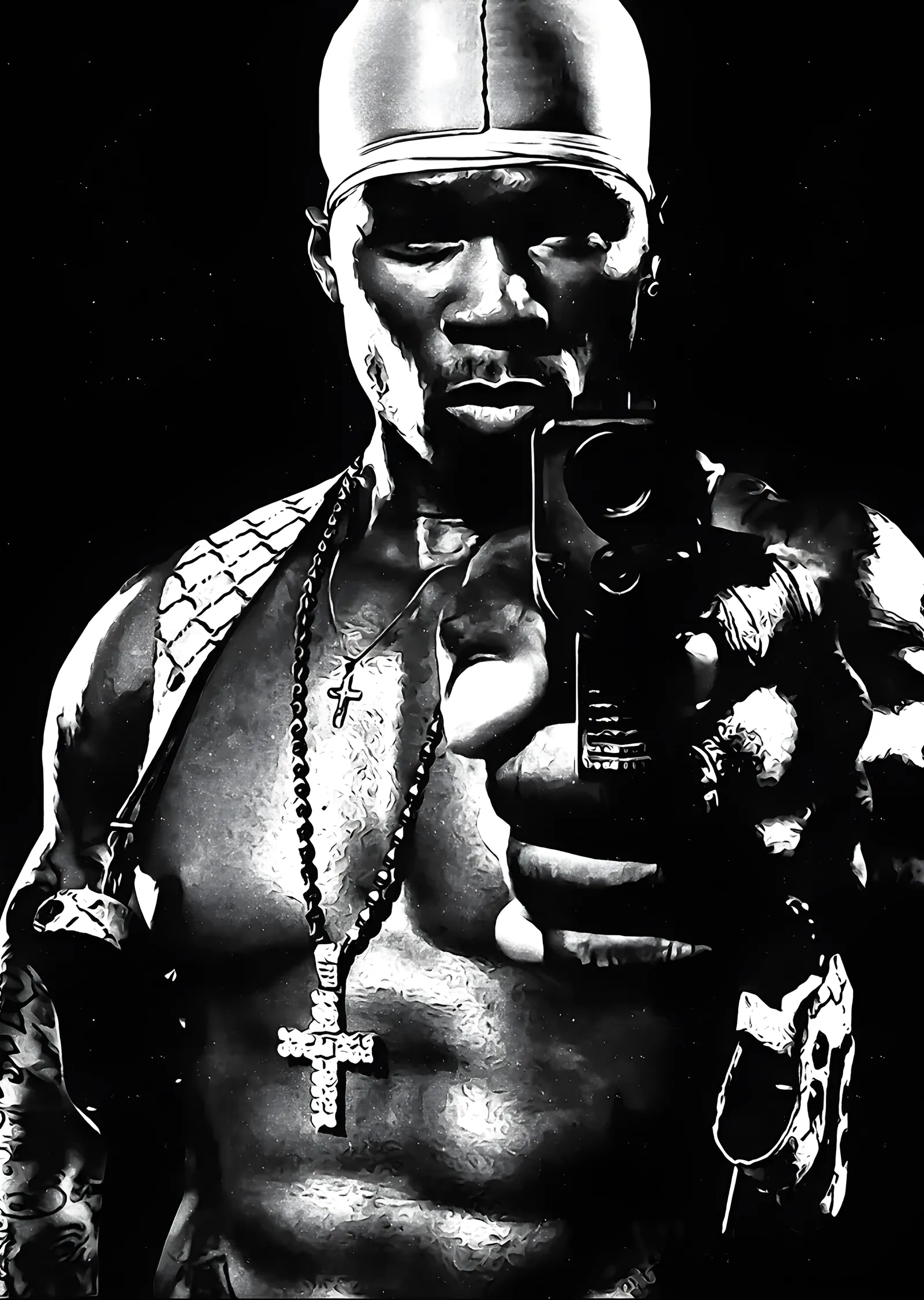 50 Cent - Bandanalı Siyah Beyaz Portre metal tablo