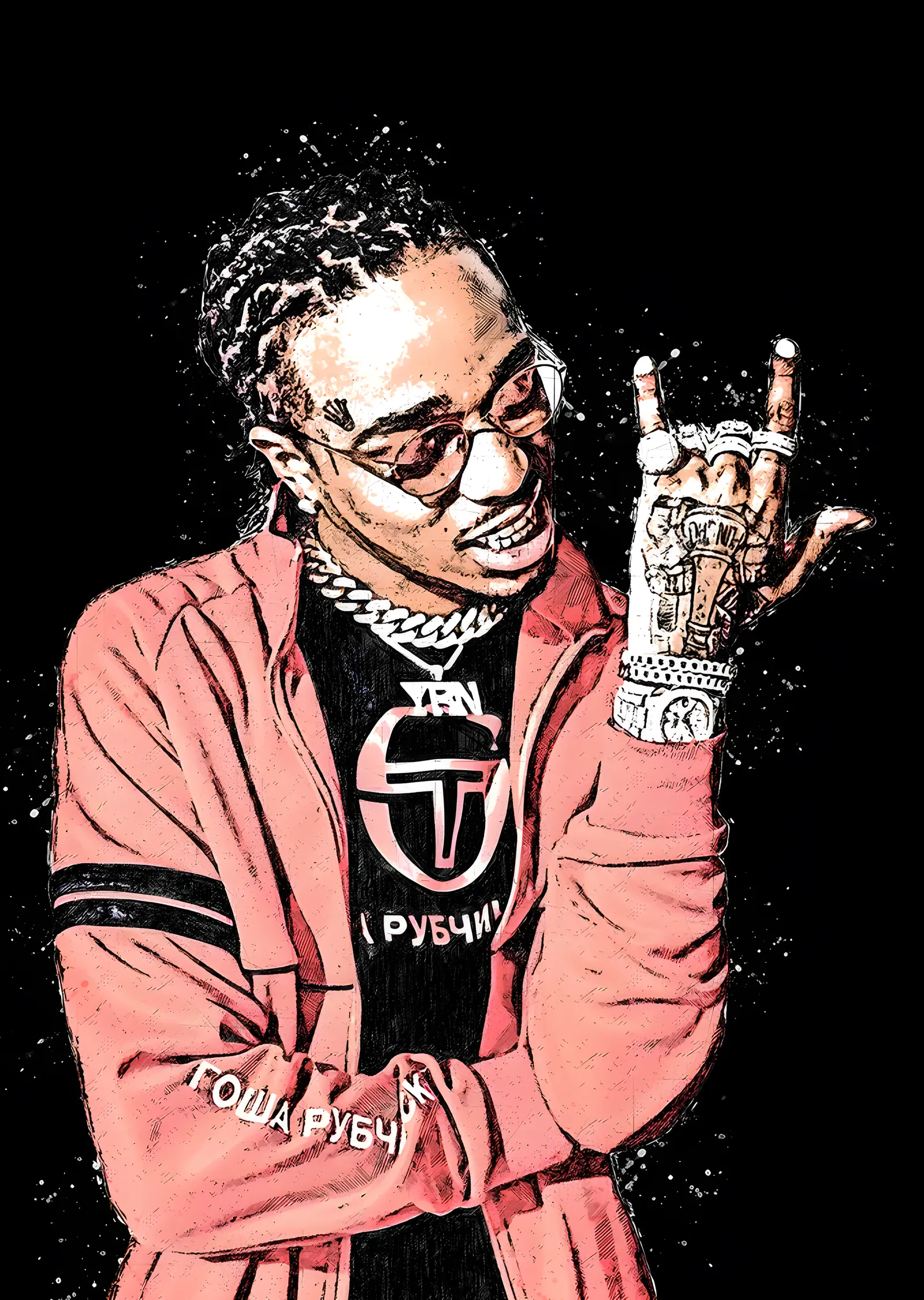 Migos - Pembe Ceketli Sıçrama Portre metal tablo