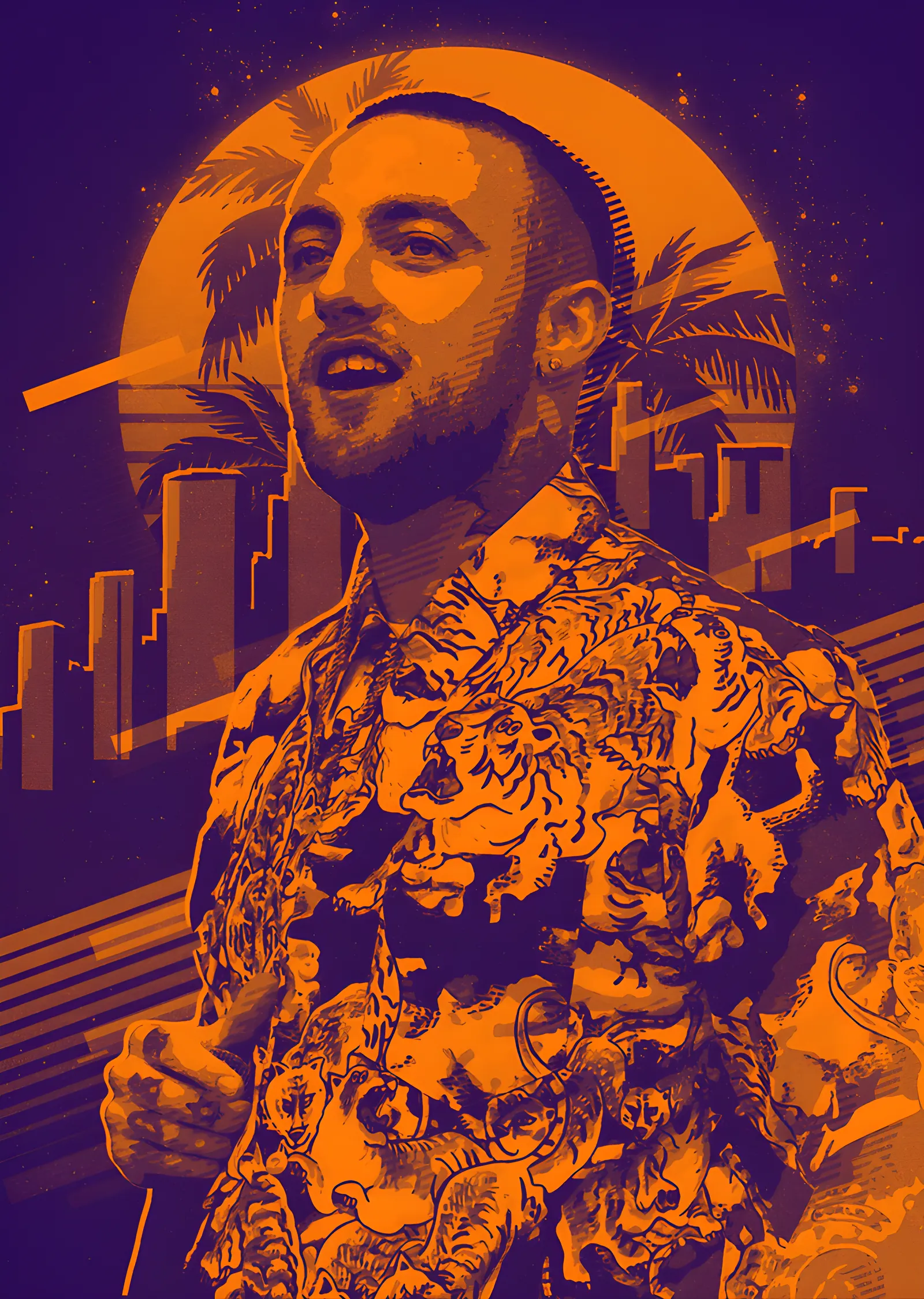 Mac Miller - Turuncu Şehir Silüetinde Portre metal tablo