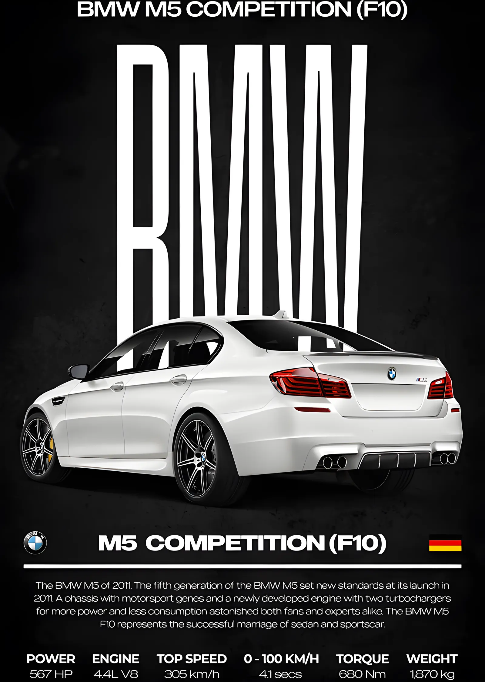 BMW M5 Competition F10 · Beyaz Arka metal tablo