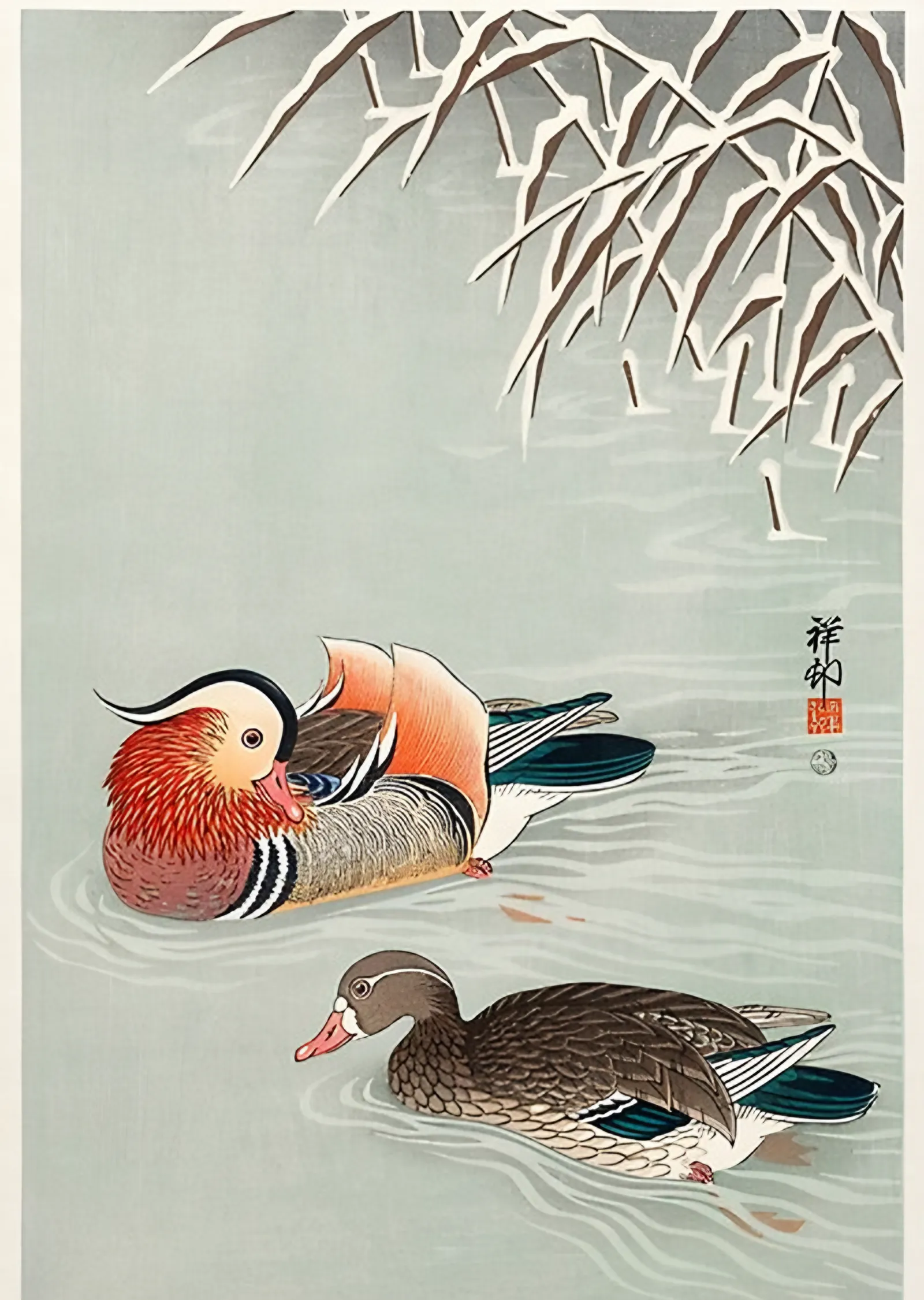 Mandarin Ördekleri - Ohara Koson metal tablo