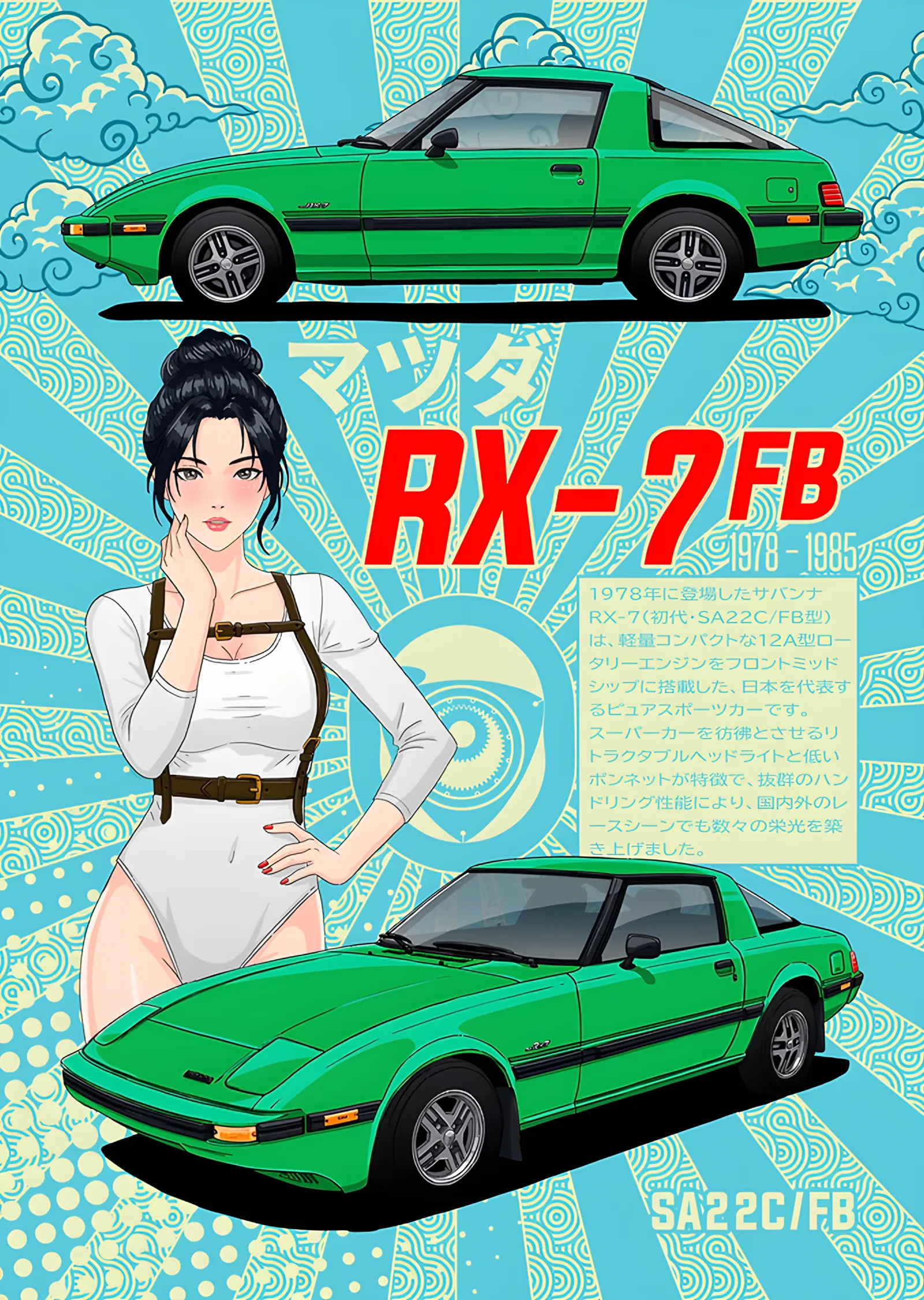 Mazda RX-7 FB: Turkuaz Zeminde Yeşil Klasik metal tablo