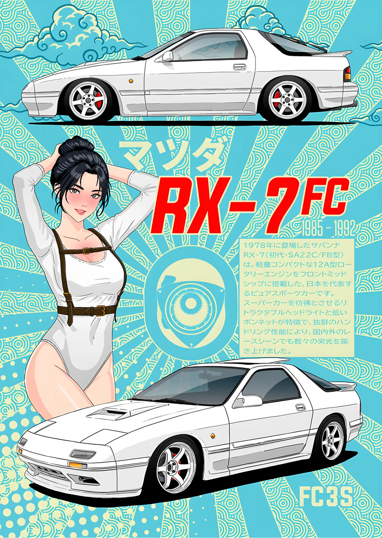 Mazda RX-7 FC: Turkuaz Zeminde Beyaz Klasik metal tablo