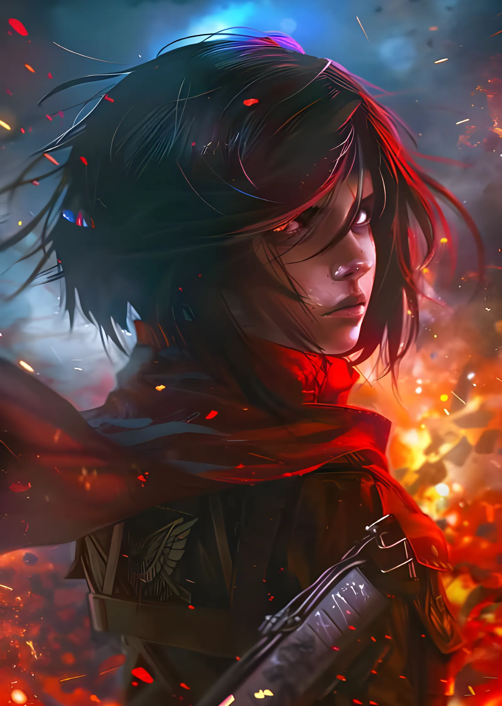 Mikasa Ackerman - Alevler İçinde Kızıl Atkı metal tablo