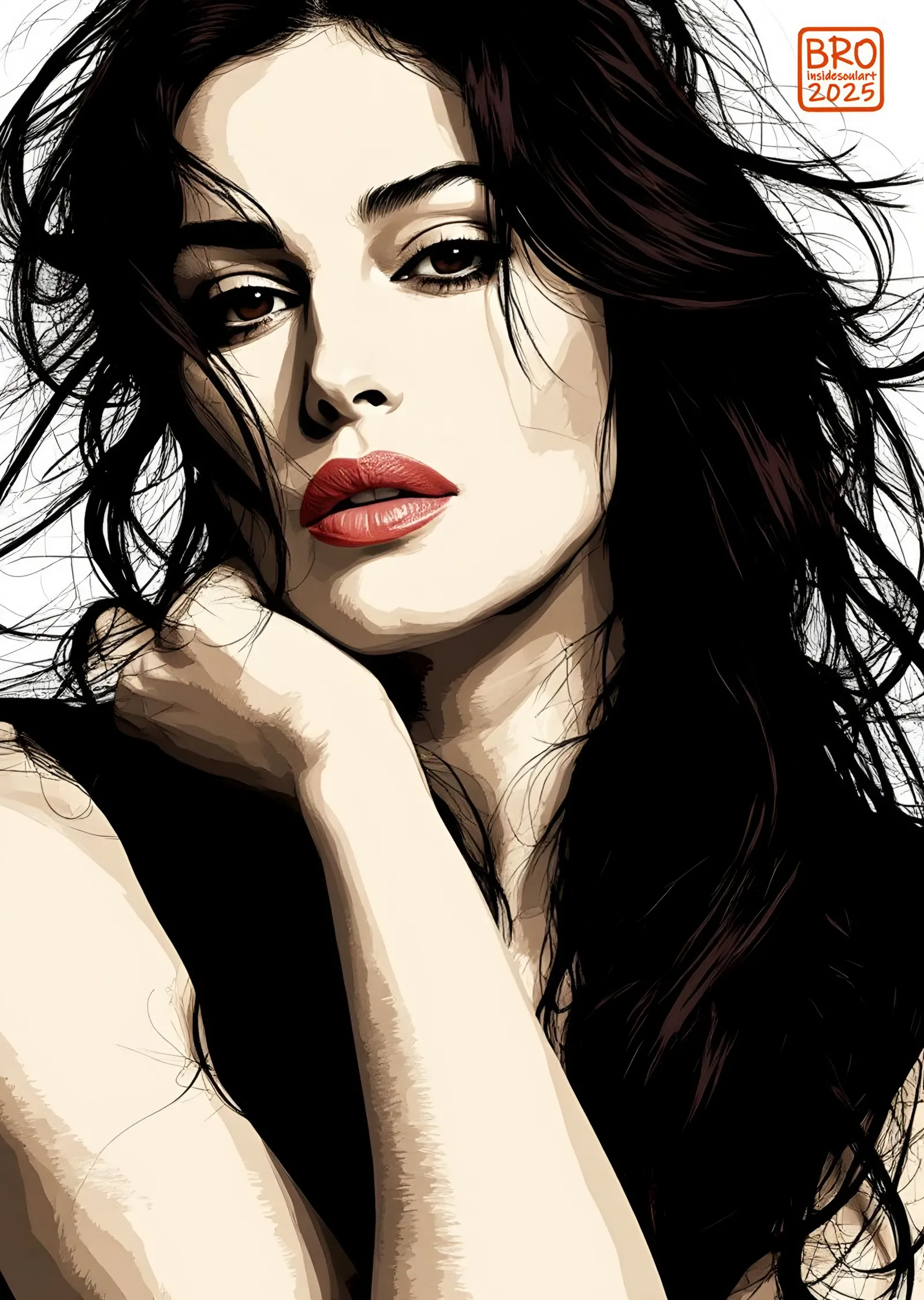 Monica Bellucci: Kırmızı Rujlu Vektör Portre metal tablo