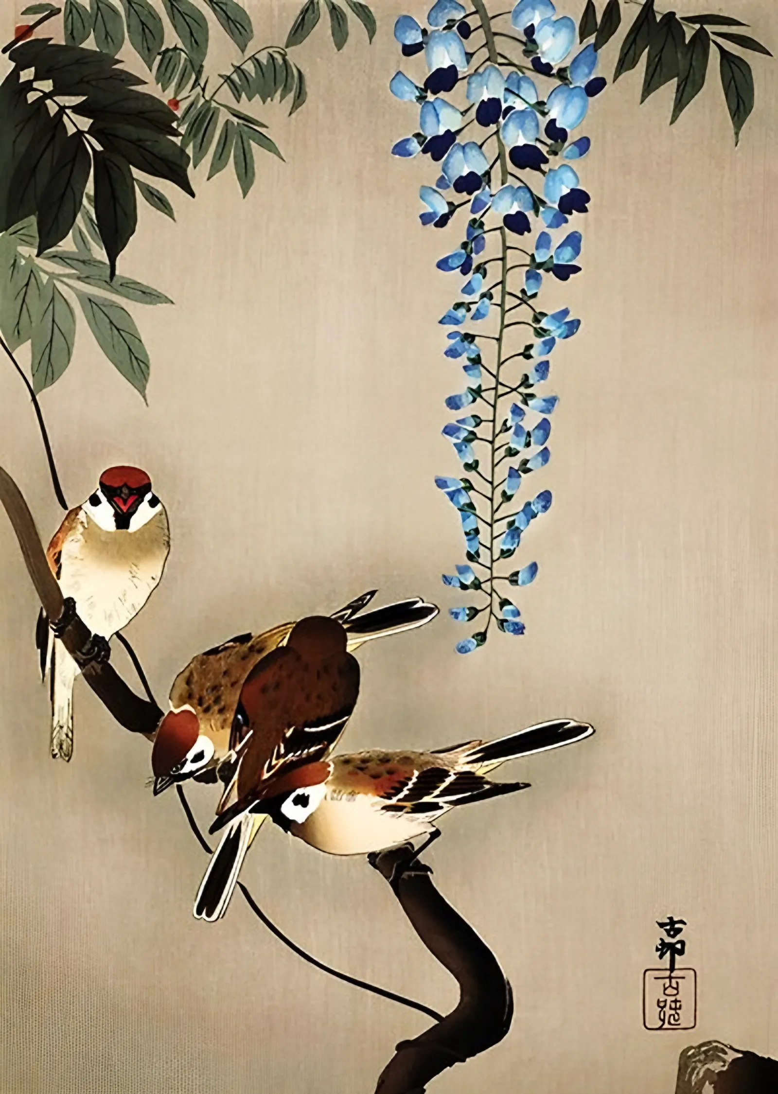 Mor Salkımda Serçeler - Ohara Koson metal tablo