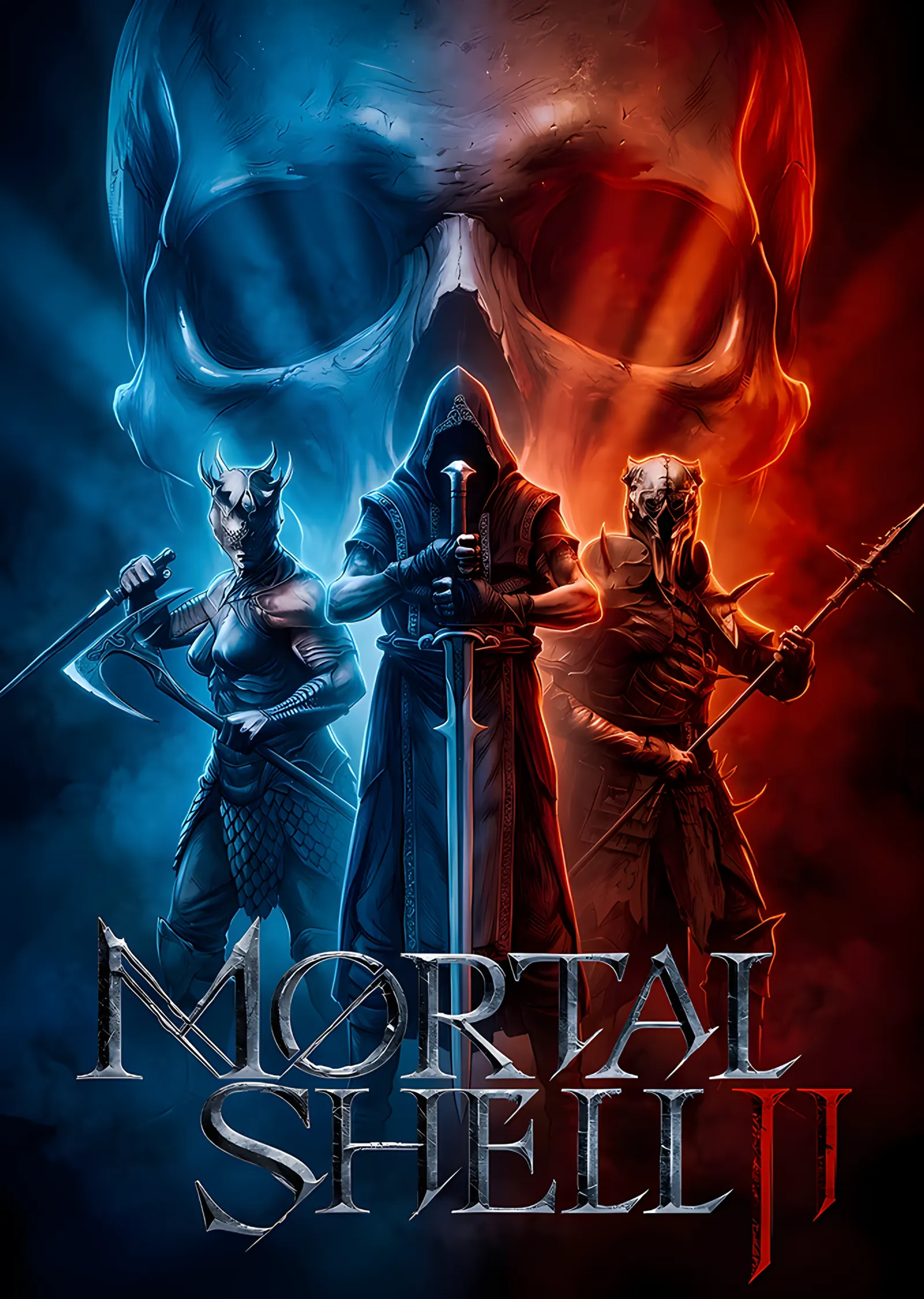Mortal Shell II: Mavi Kafatası Önünde İkili metal tablo