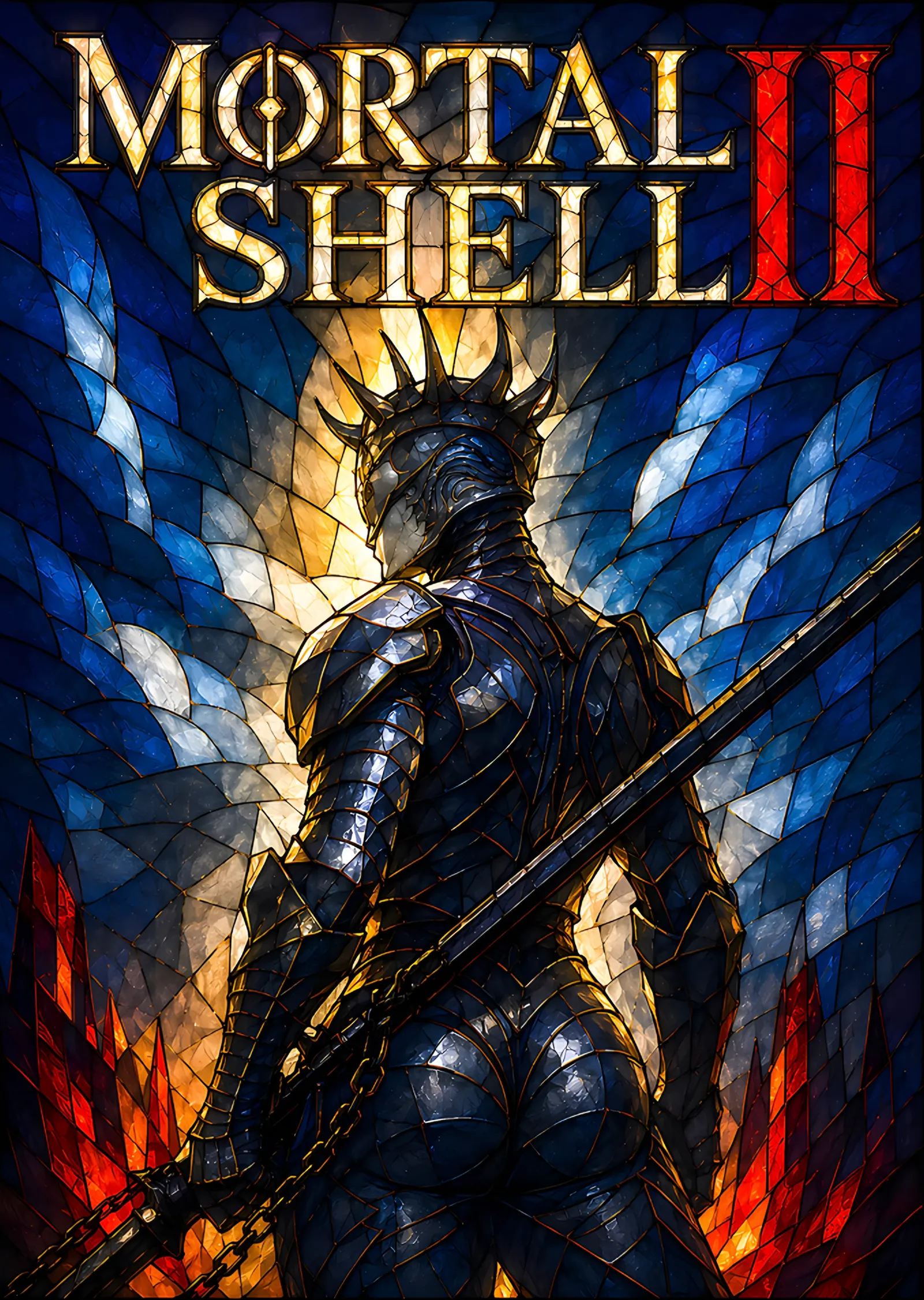 Mortal Shell II: Mavi Vitrayda Sırtı Dönük Kral metal tablo