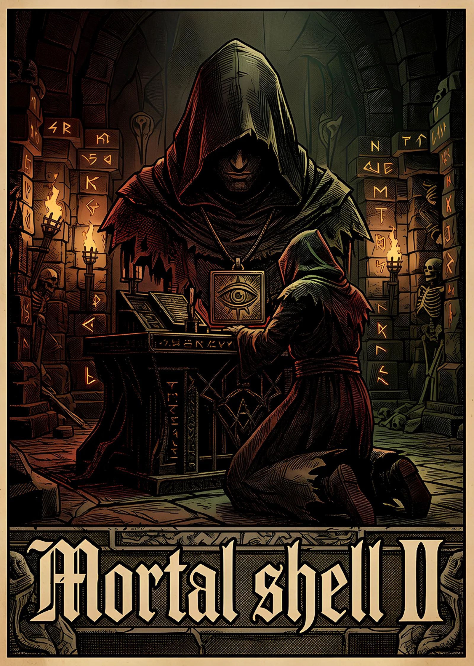Mortal Shell II: Meşaleli Odada Kapüşonlu Figür metal tablo