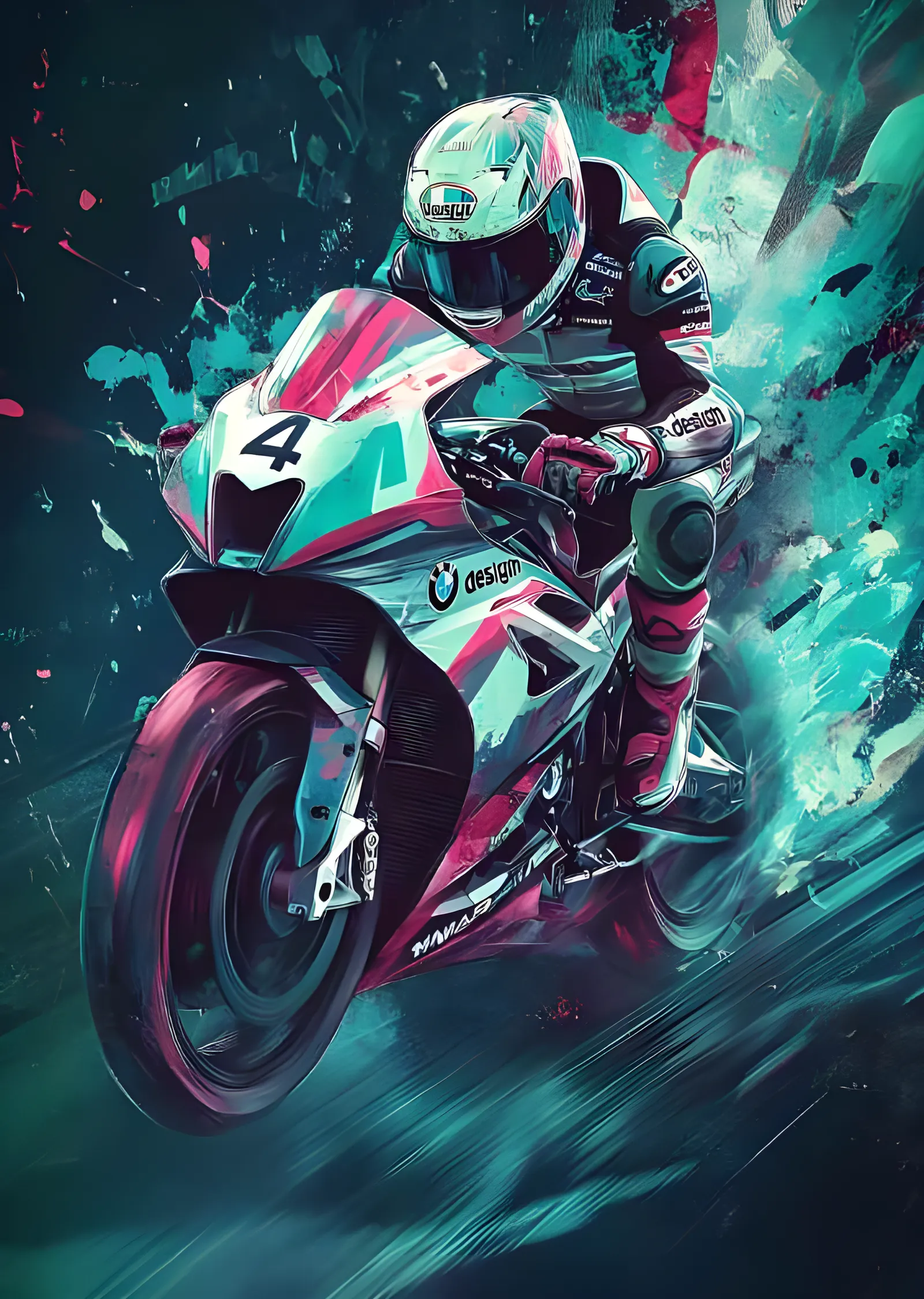 BMW MotoGP 4 Numara - Turkuaz Pembe Sıçrama metal tablo