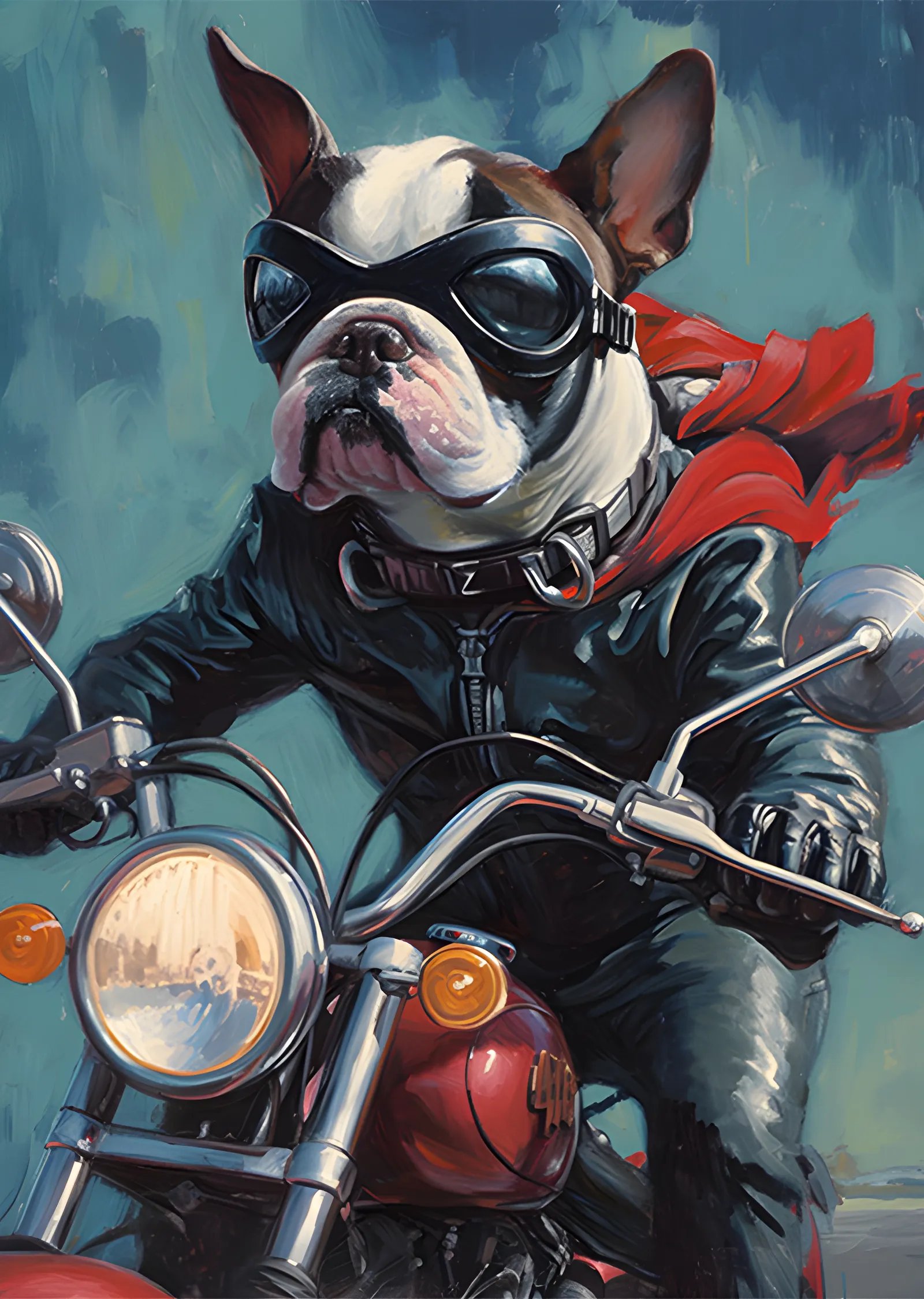 Motorcu Boston Terrier metal tablo
