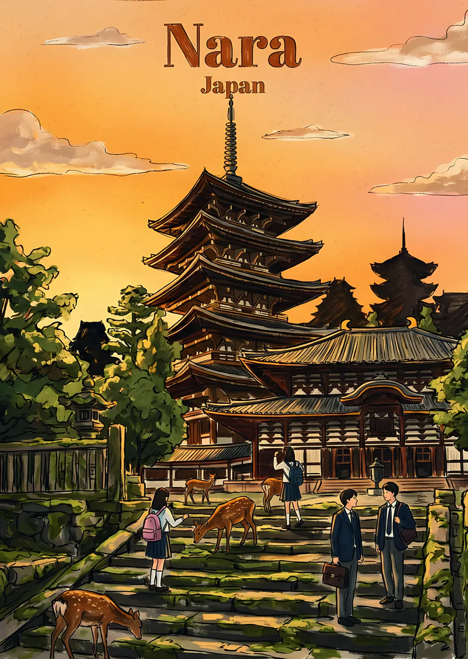 Nara: Pagoda Önünde Geyikler metal tablo