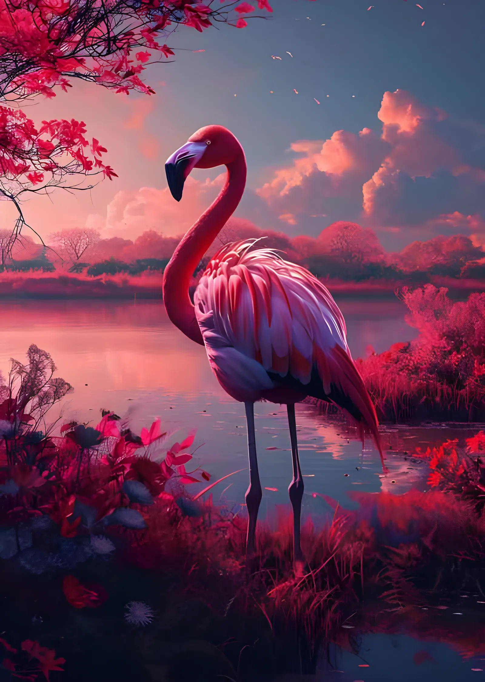 Flamingo - Göl Kıyısında Kızıl Alacakaranlık metal tablo