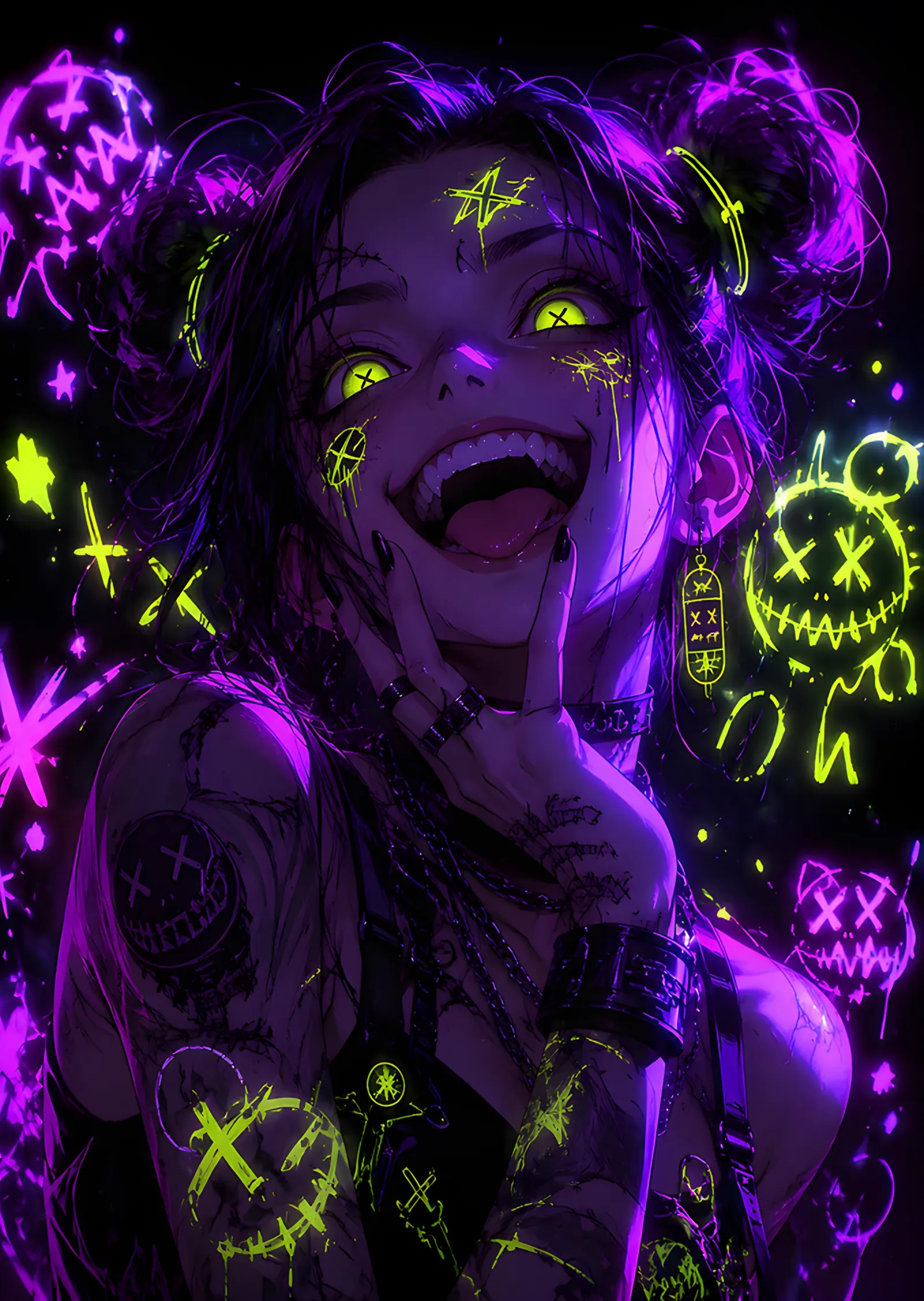 Neon Grafitili Gülen Punk Kız metal tablo