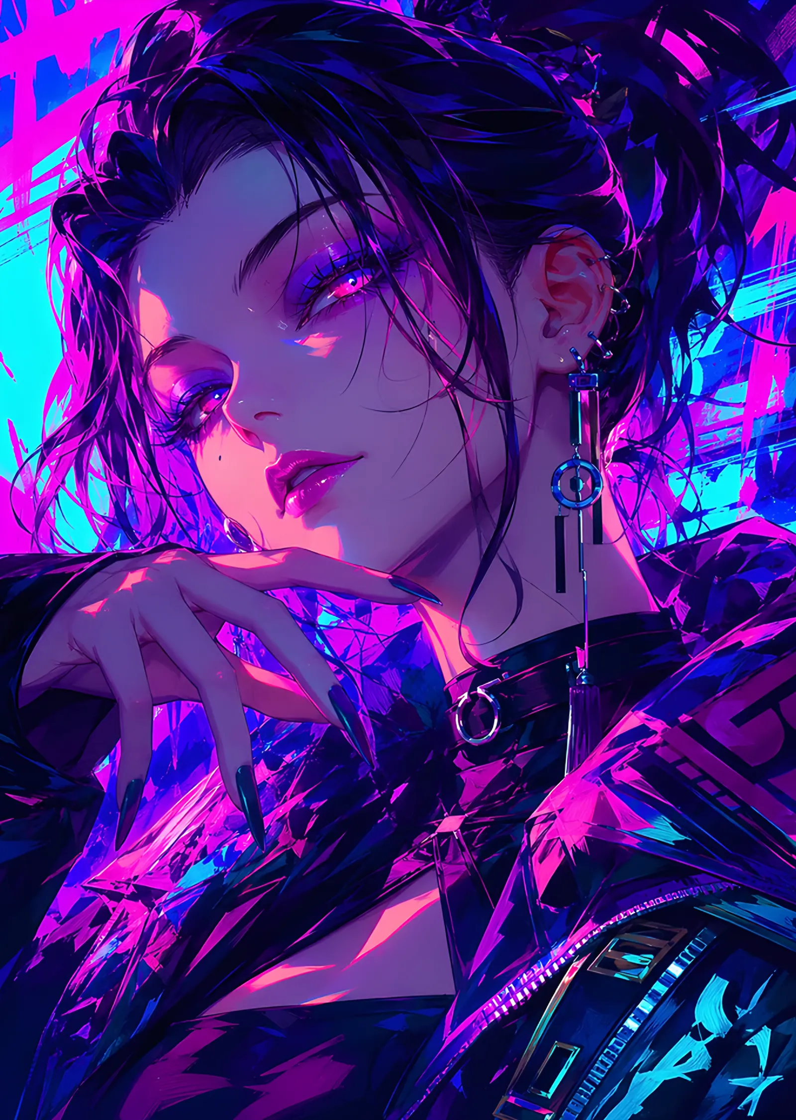 Neon Işıklı Siberpunk Anime Portresi metal tablo
